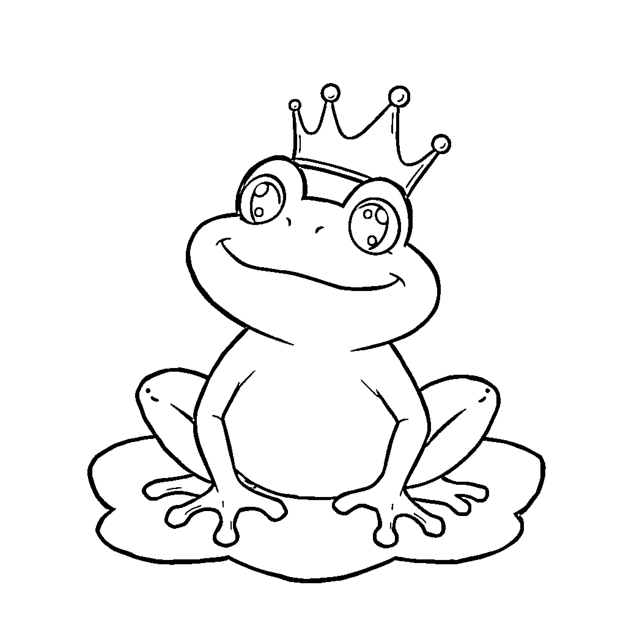 Frog wearing a crown on a lily pad Coloring Page (free black-and-white line drawing printable PDF for all, from beginners to advanced learners, including children, teens, adults, and seniors)