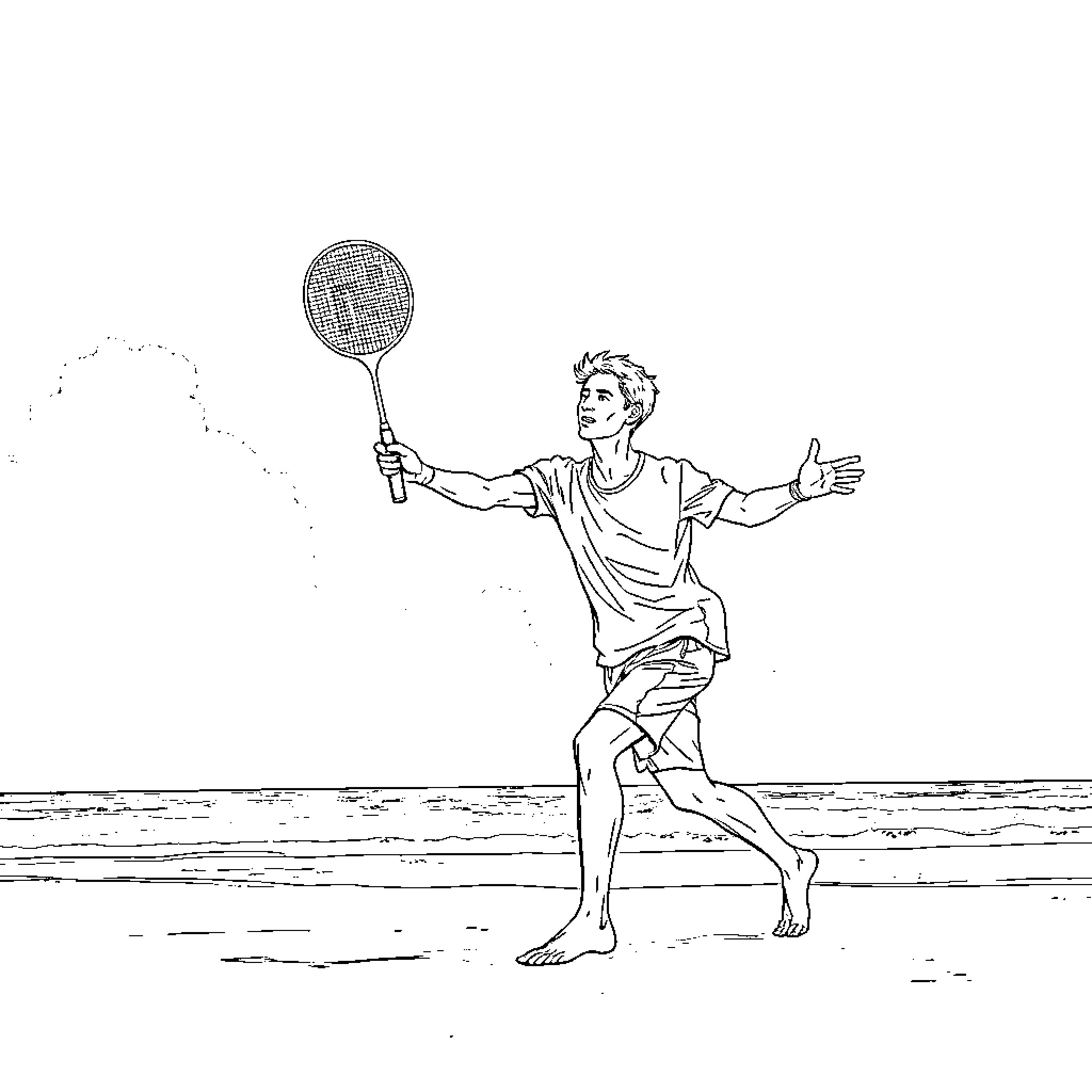 Badminton player celebrating on the beach Coloring Page (free black-and-white line drawing printable PDF for all, from beginners to advanced learners, including children, teens, adults, and seniors)