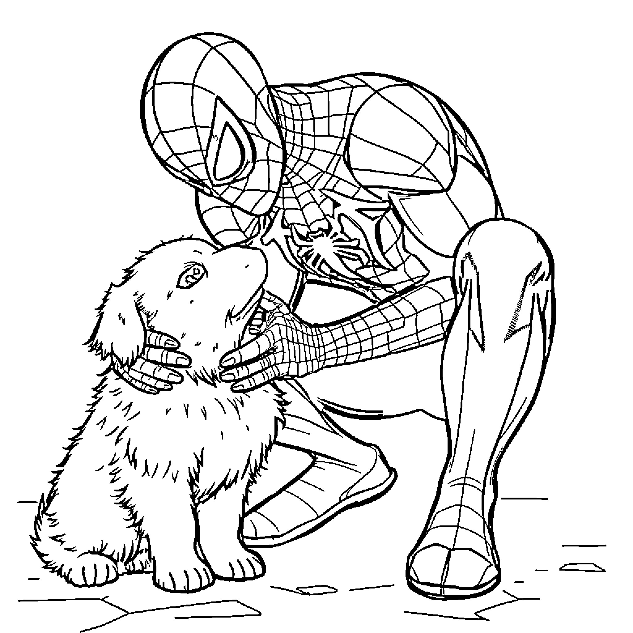 Spiderman helping furry companion in the field Coloring Page (free black-and-white line drawing printable PDF for all, from beginners to advanced learners, including children, teens, adults, and seniors)