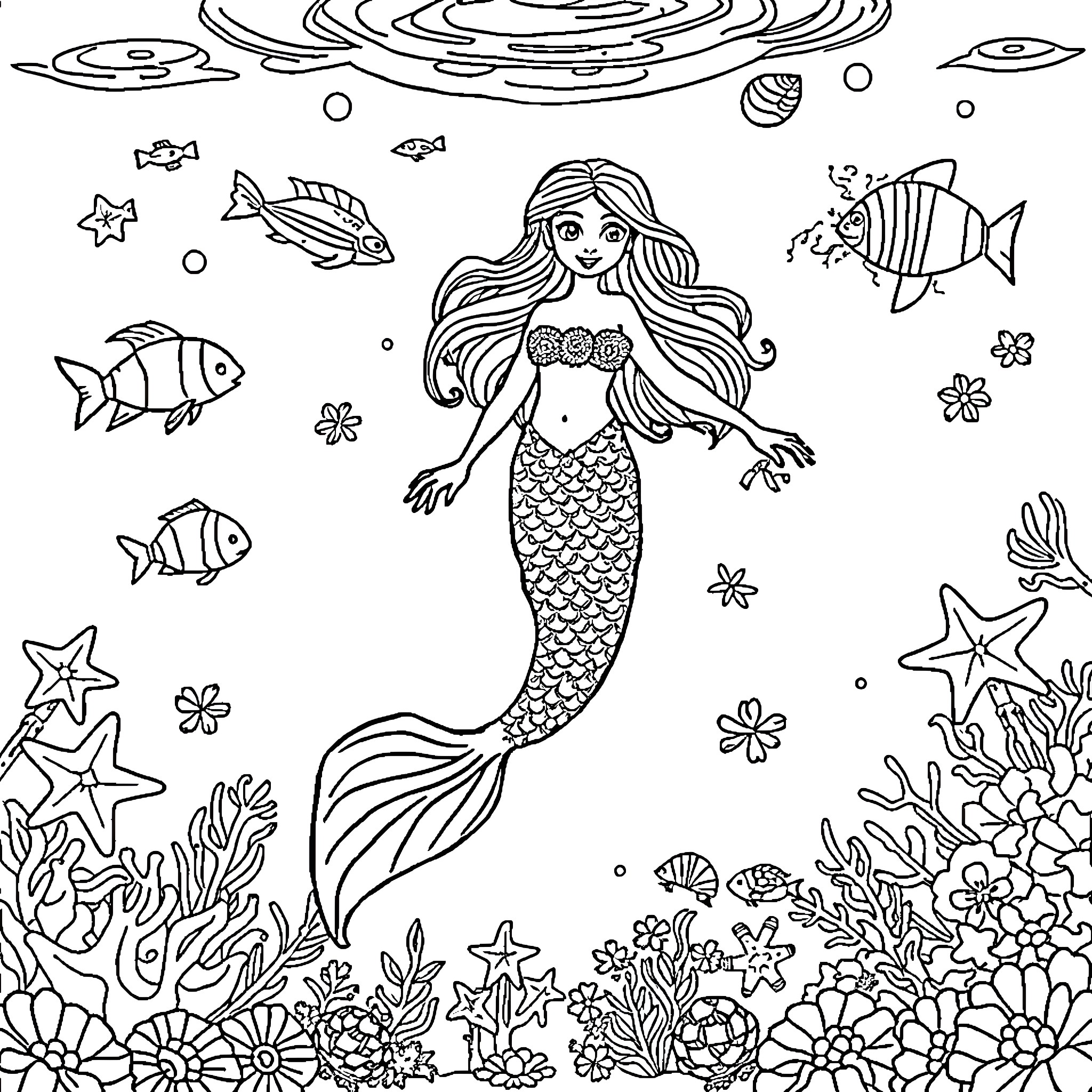 Mermaid swimming amidst vibrant sea life Coloring Page (free black-and-white line drawing printable PDF for all, from beginners to advanced learners, including children, teens, adults, and seniors)