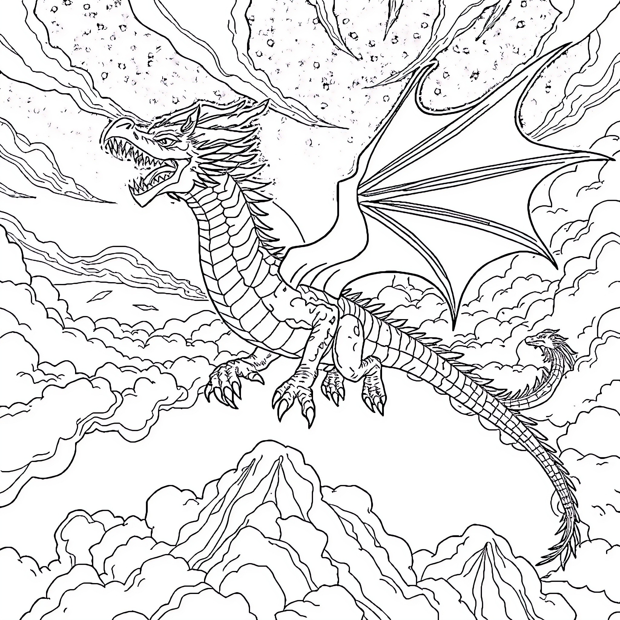 Dragon breathing fire in the sky Coloring Page (free black-and-white line drawing printable PDF for all, from beginners to advanced learners, including children, teens, adults, and seniors)