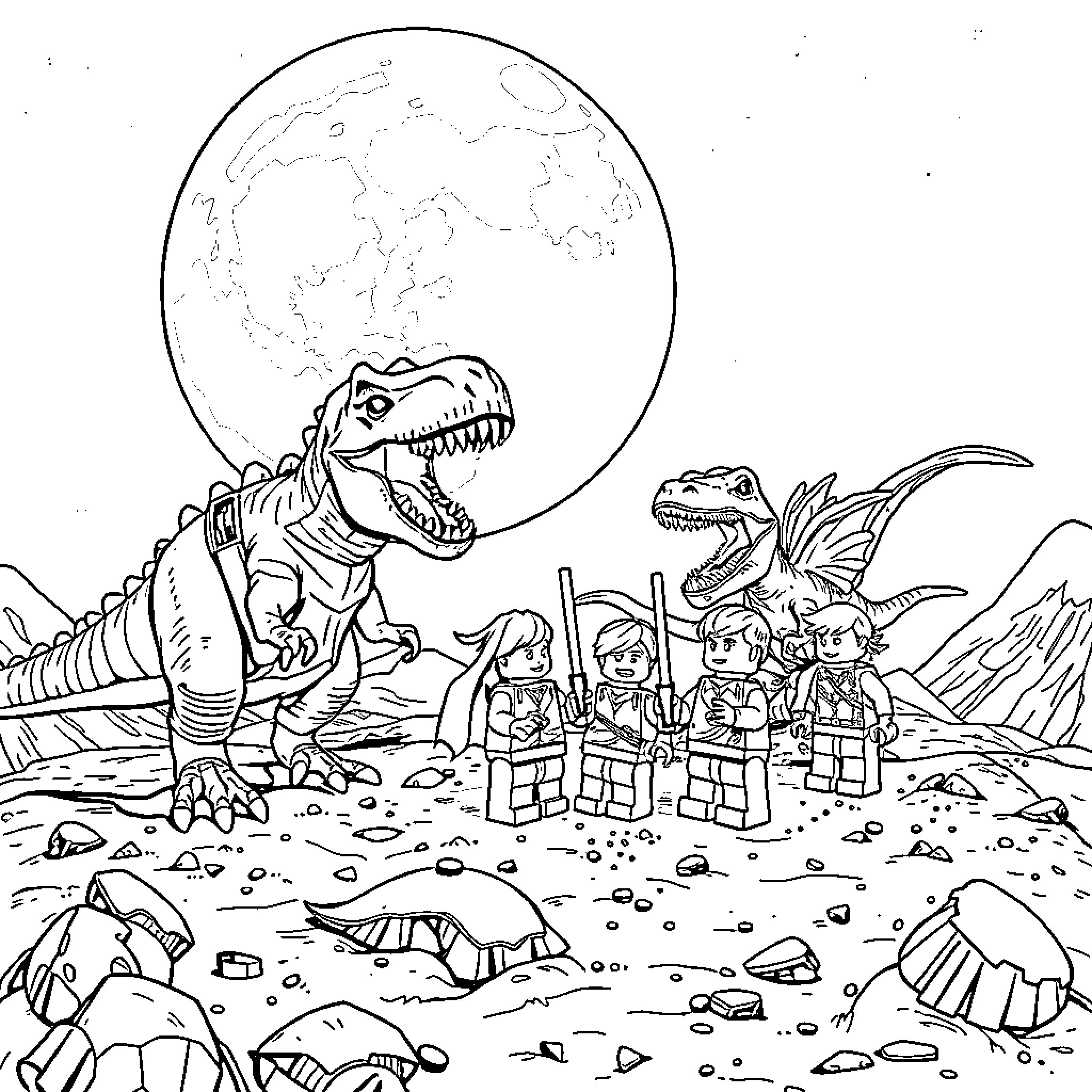 Dinosaur Adventure with Lego Characters Coloring Page (free black-and-white line drawing printable PDF for all, from beginners to advanced learners, including children, teens, adults, and seniors)