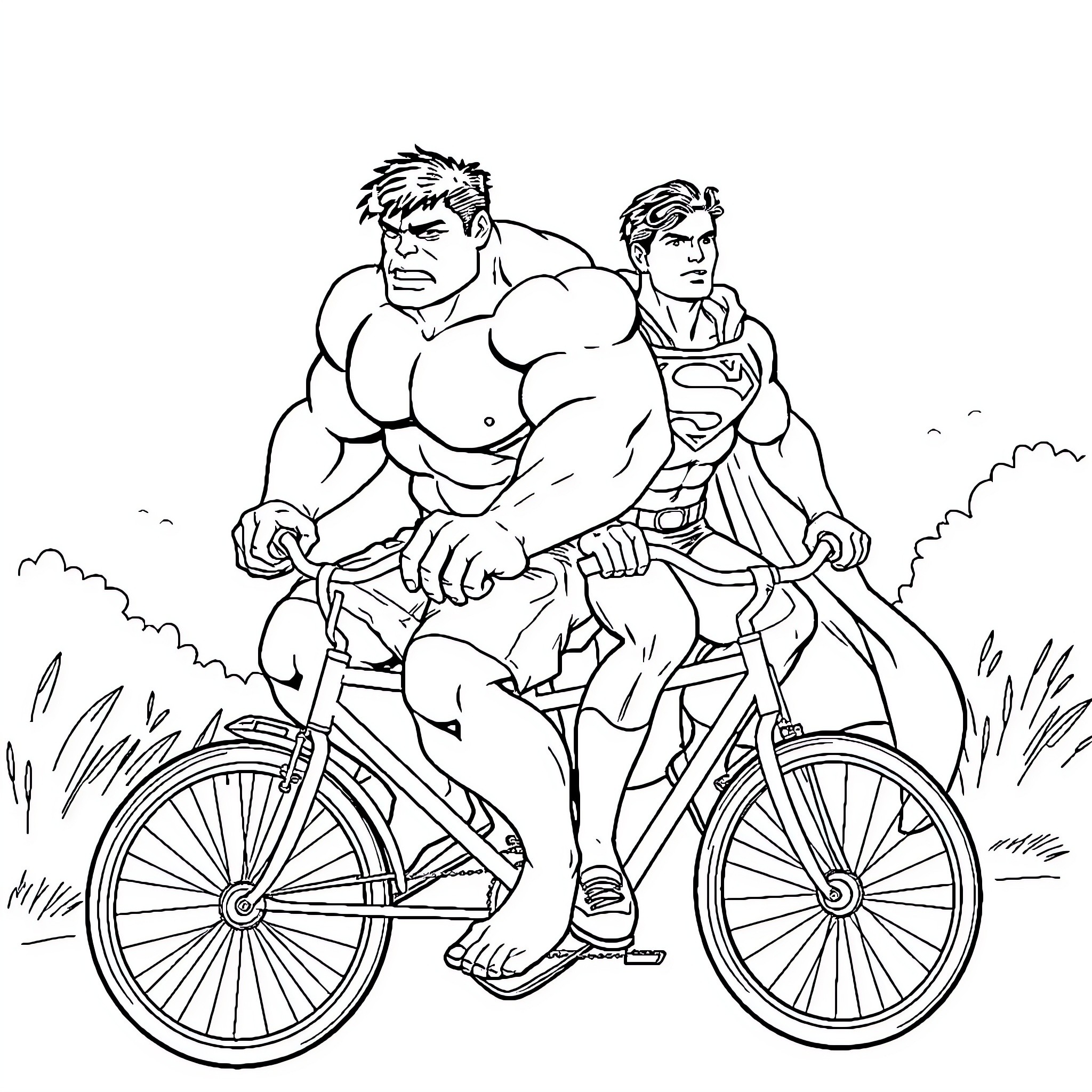 Hulk and Superman Cycling Adventure Coloring Page (free black-and-white line drawing printable PDF for all, from beginners to advanced learners, including children, teens, adults, and seniors)