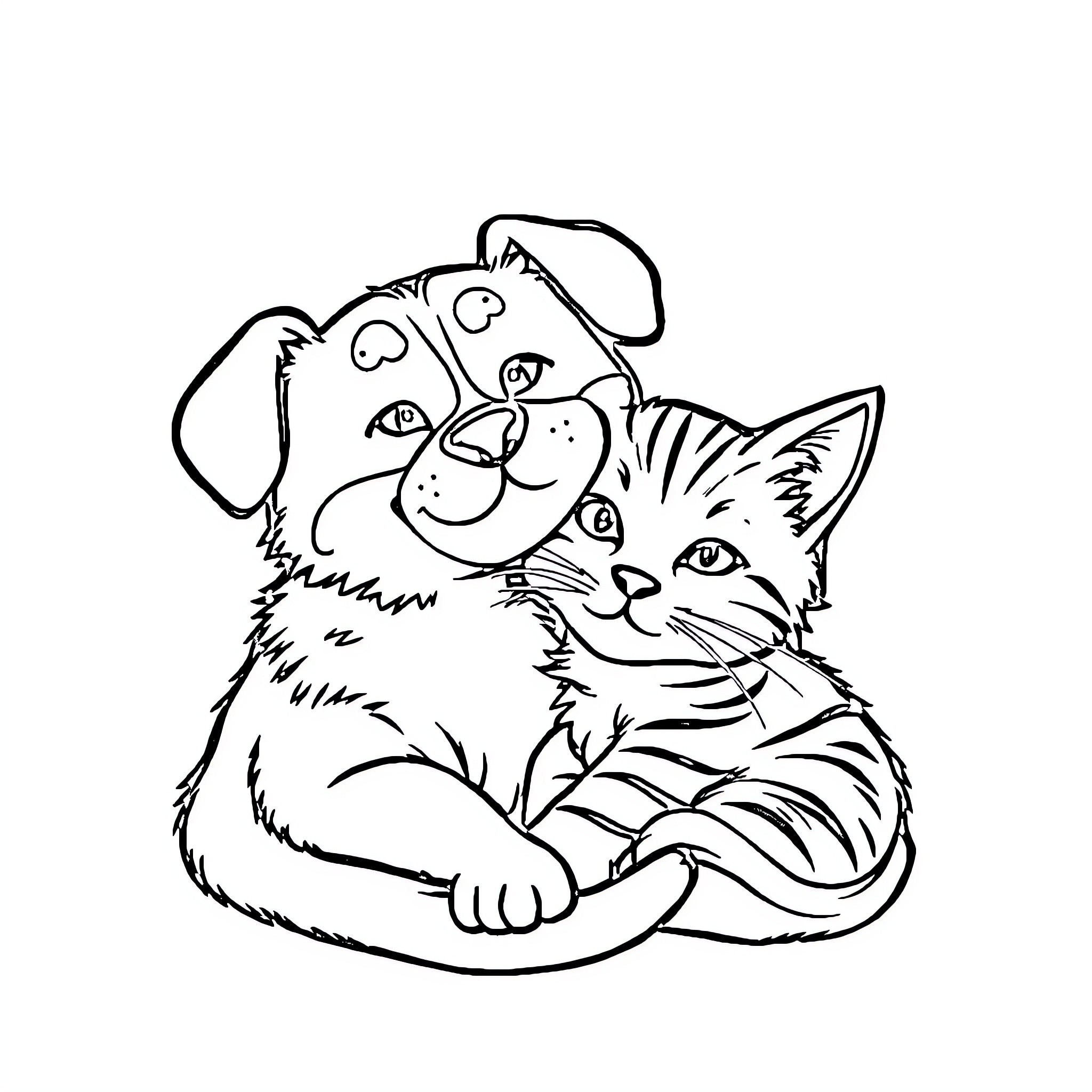 Cat and Dog Companions Coloring Page (free black-and-white line drawing printable PDF for all, from beginners to advanced learners, including children, teens, adults, and seniors)