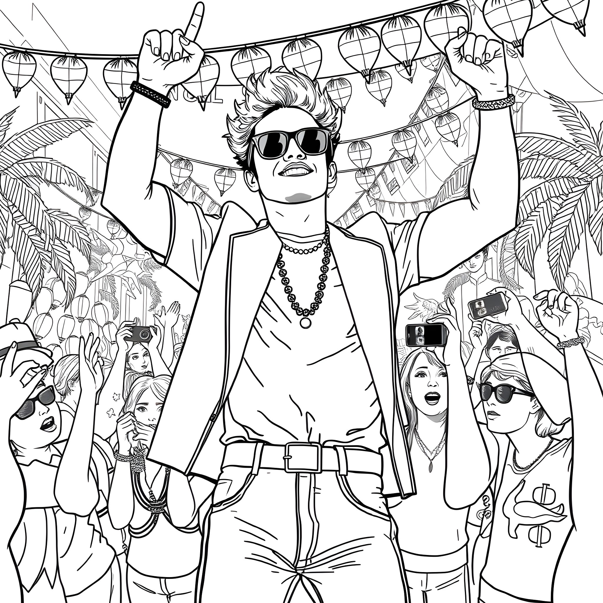 Bruno Mars Entertaining a Lively Crowd at a Festival Coloring Page (free black-and-white line drawing printable PDF for all, from beginners to advanced learners, including children, teens, adults, and seniors)