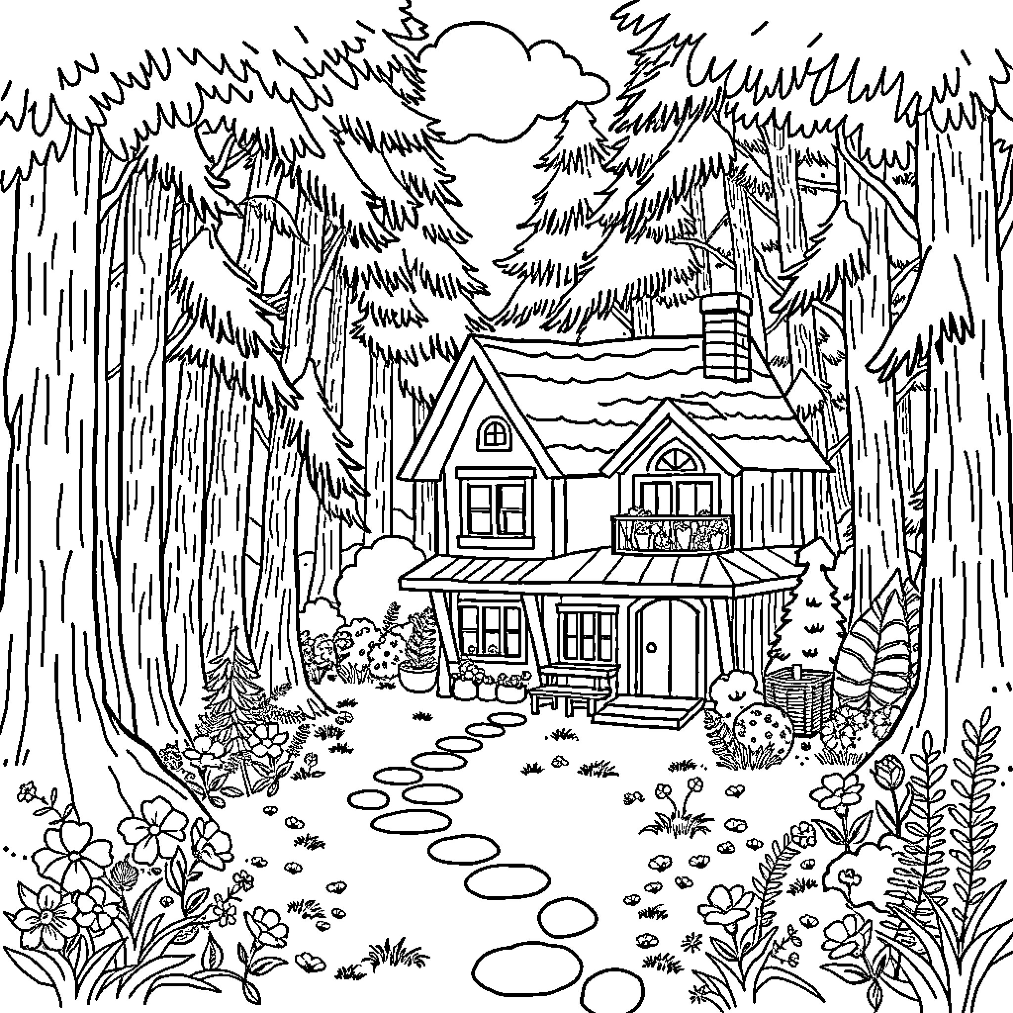 Kindergarten Fairy Tale House in the Woods Coloring Page (free black-and-white line drawing printable PDF for all, from beginners to advanced learners, including children, teens, adults, and seniors)