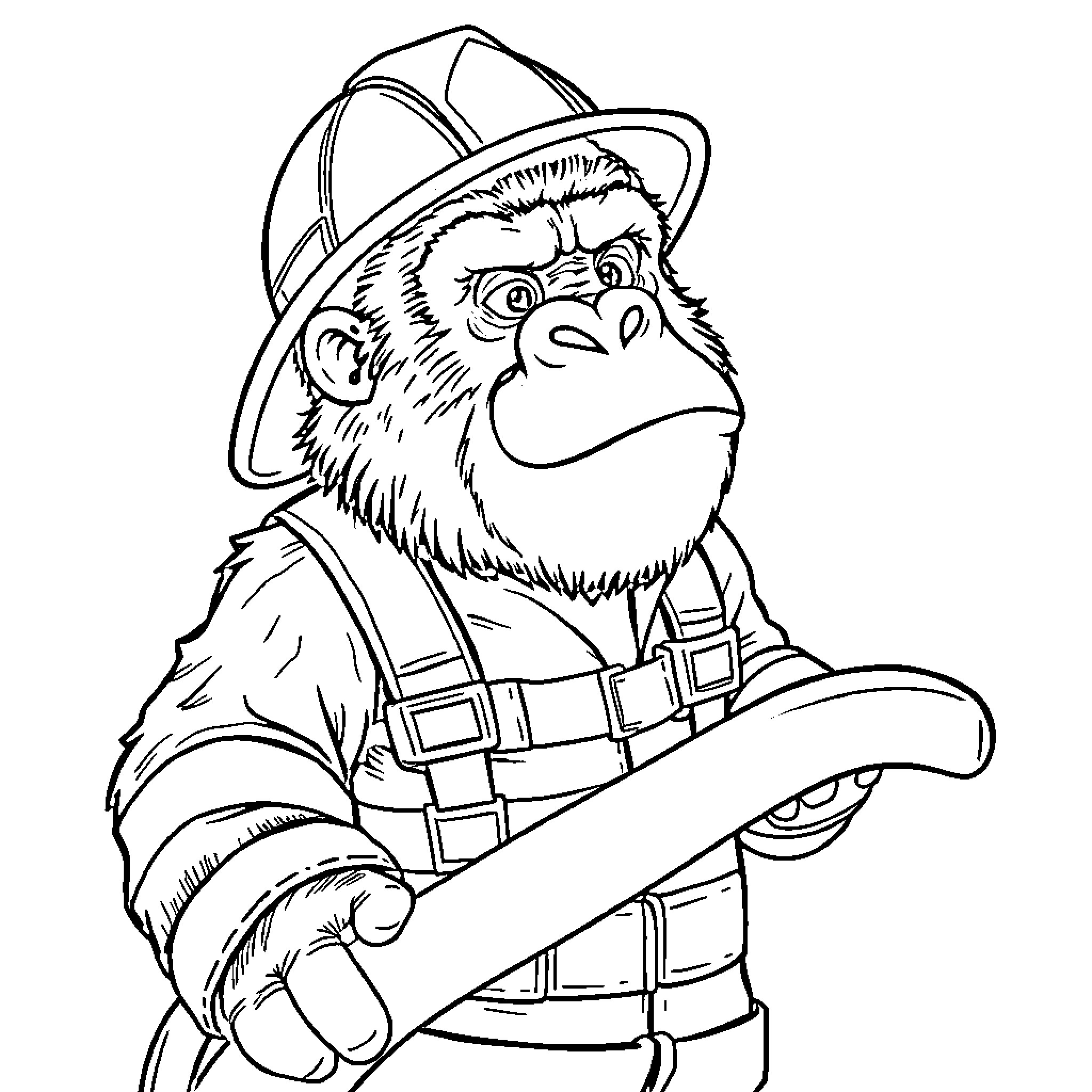 Gorilla ranger in protective gear Coloring Page (free black-and-white line drawing printable PDF for all, from beginners to advanced learners, including children, teens, adults, and seniors)