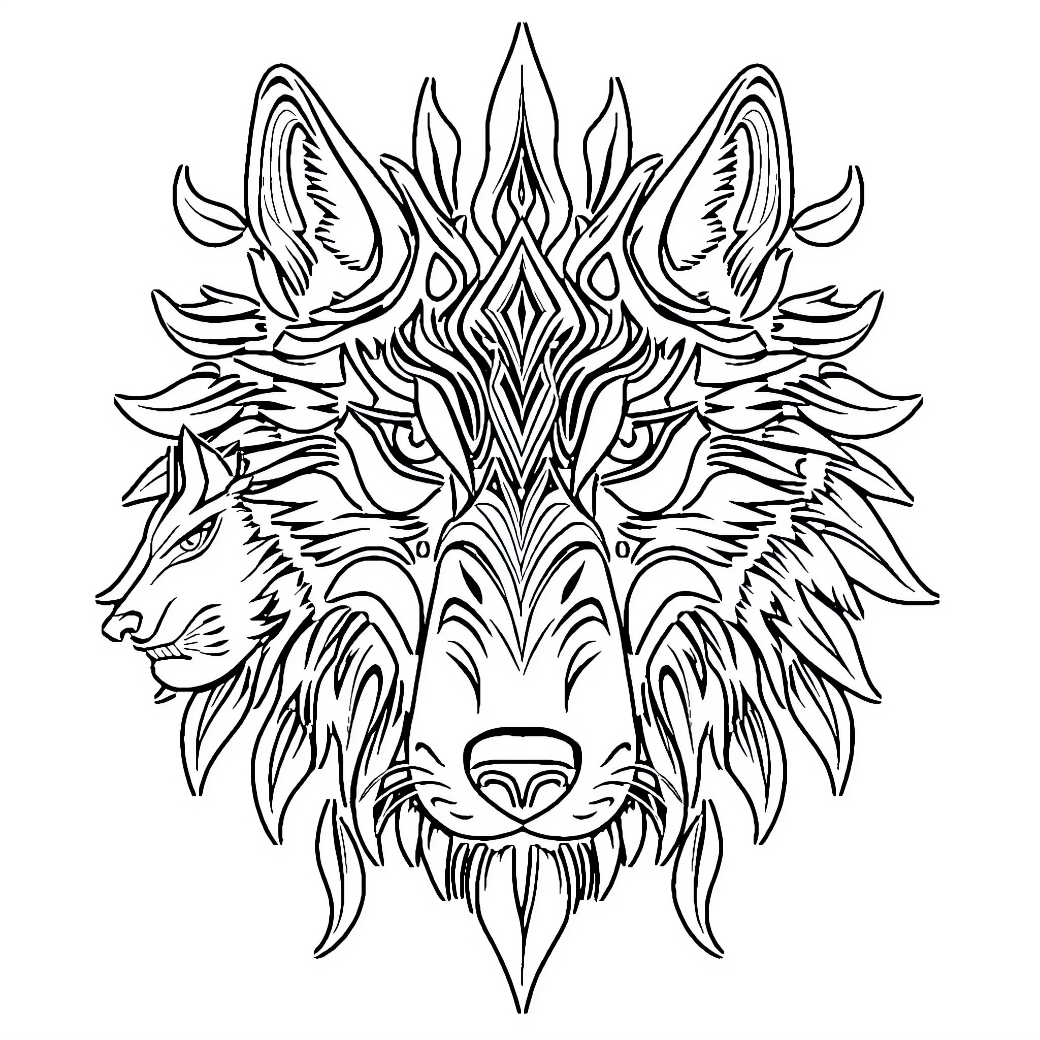 Wolf with Intricate Tribal Designs Coloring Page (free black-and-white line drawing printable PDF for all, from beginners to advanced learners, including children, teens, adults, and seniors)