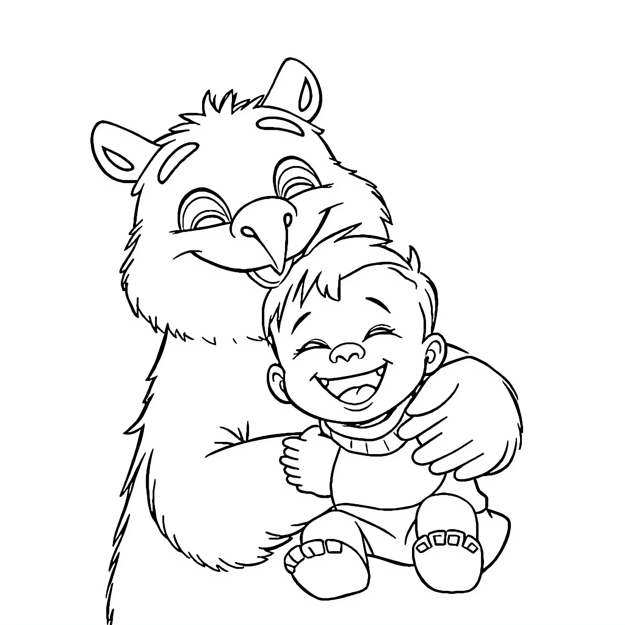Bear hugging cheerful child Coloring Page (free black-and-white line drawing printable PDF for all, from beginners to advanced learners, including children, teens, adults, and seniors)