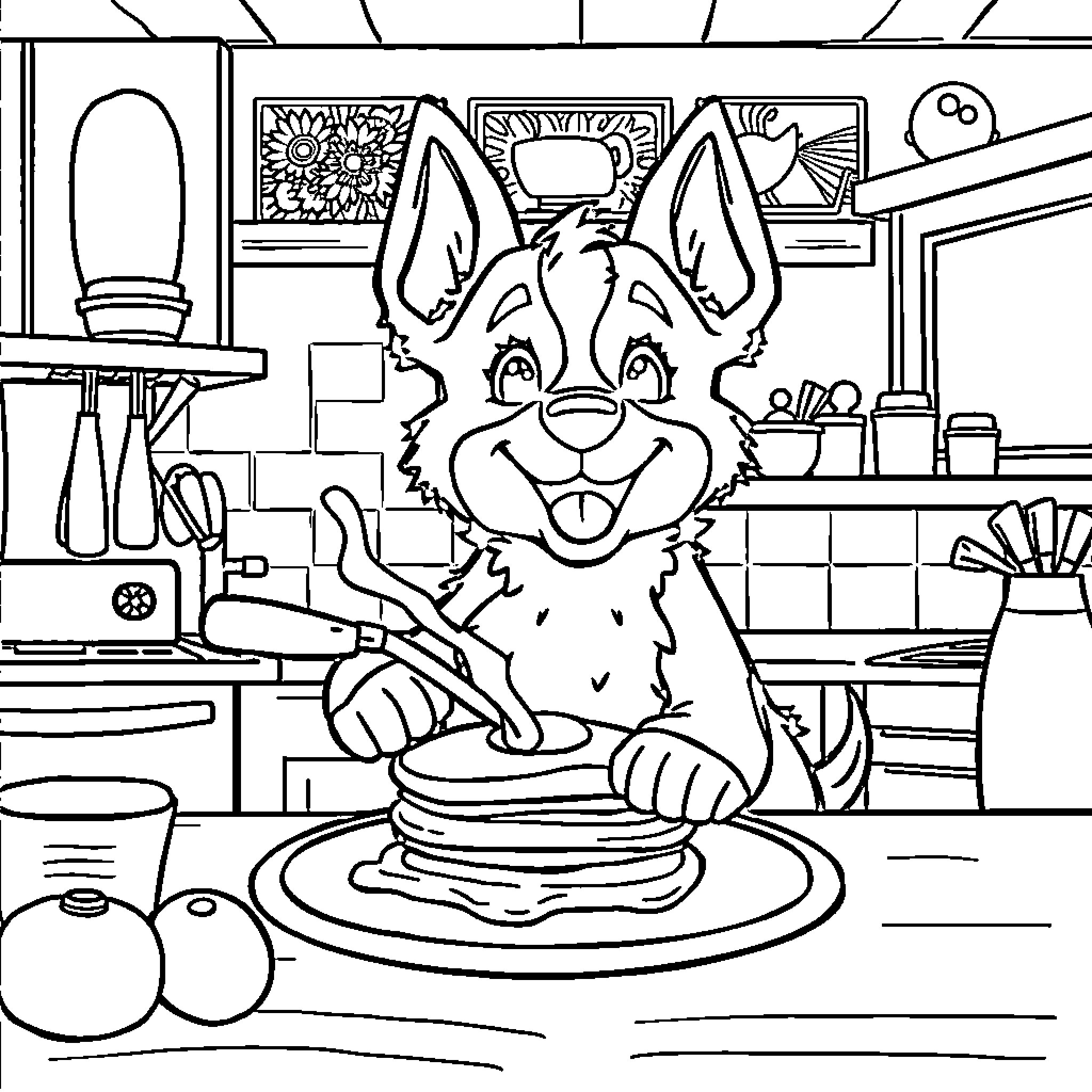 Bluey Helping in the Kitchen Coloring Page (free black-and-white line drawing printable PDF for all, from beginners to advanced learners, including children, teens, adults, and seniors)