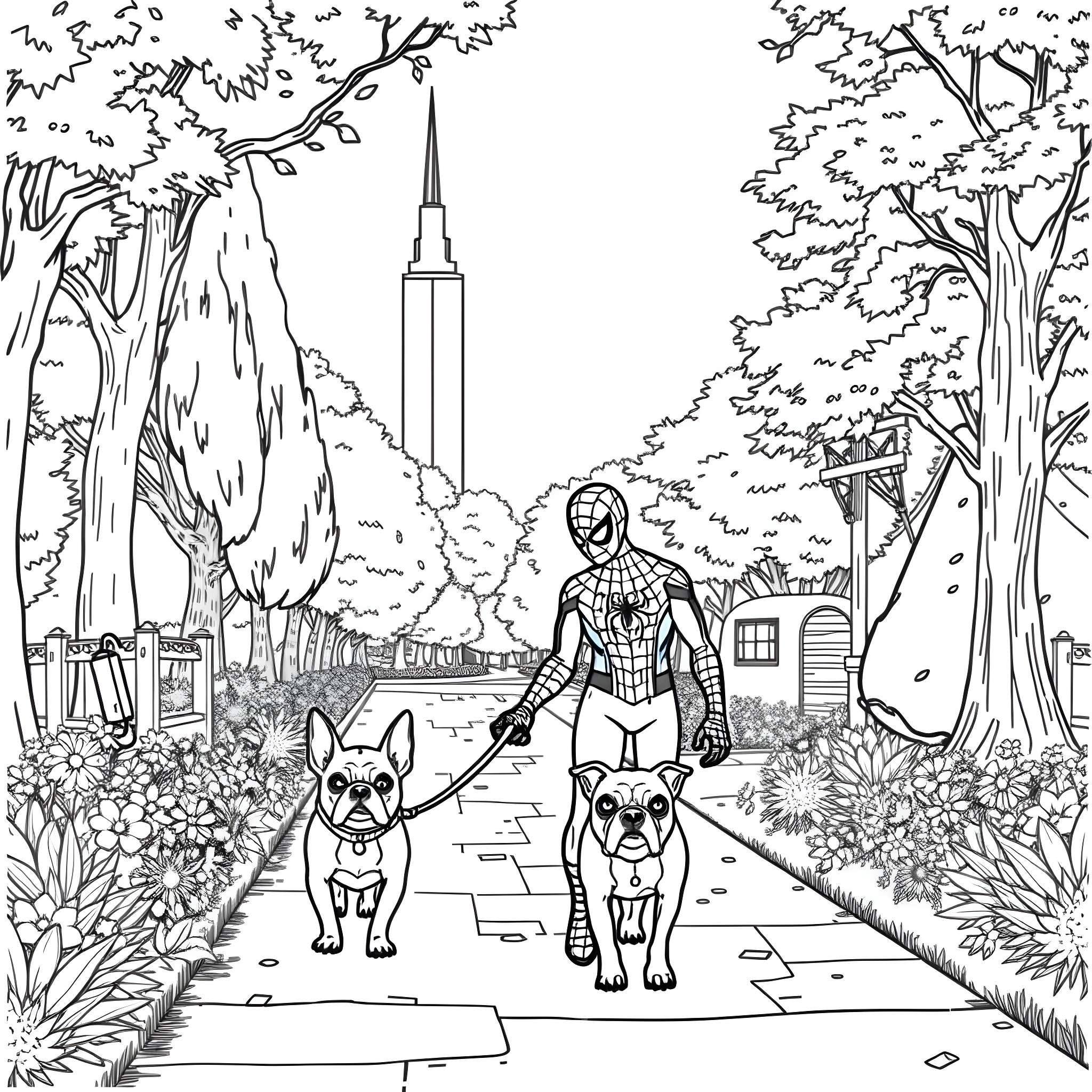 Spiderman strolling with pet dogs through a city park Coloring Page (free black-and-white line drawing printable PDF for all, from beginners to advanced learners, including children, teens, adults, and seniors)