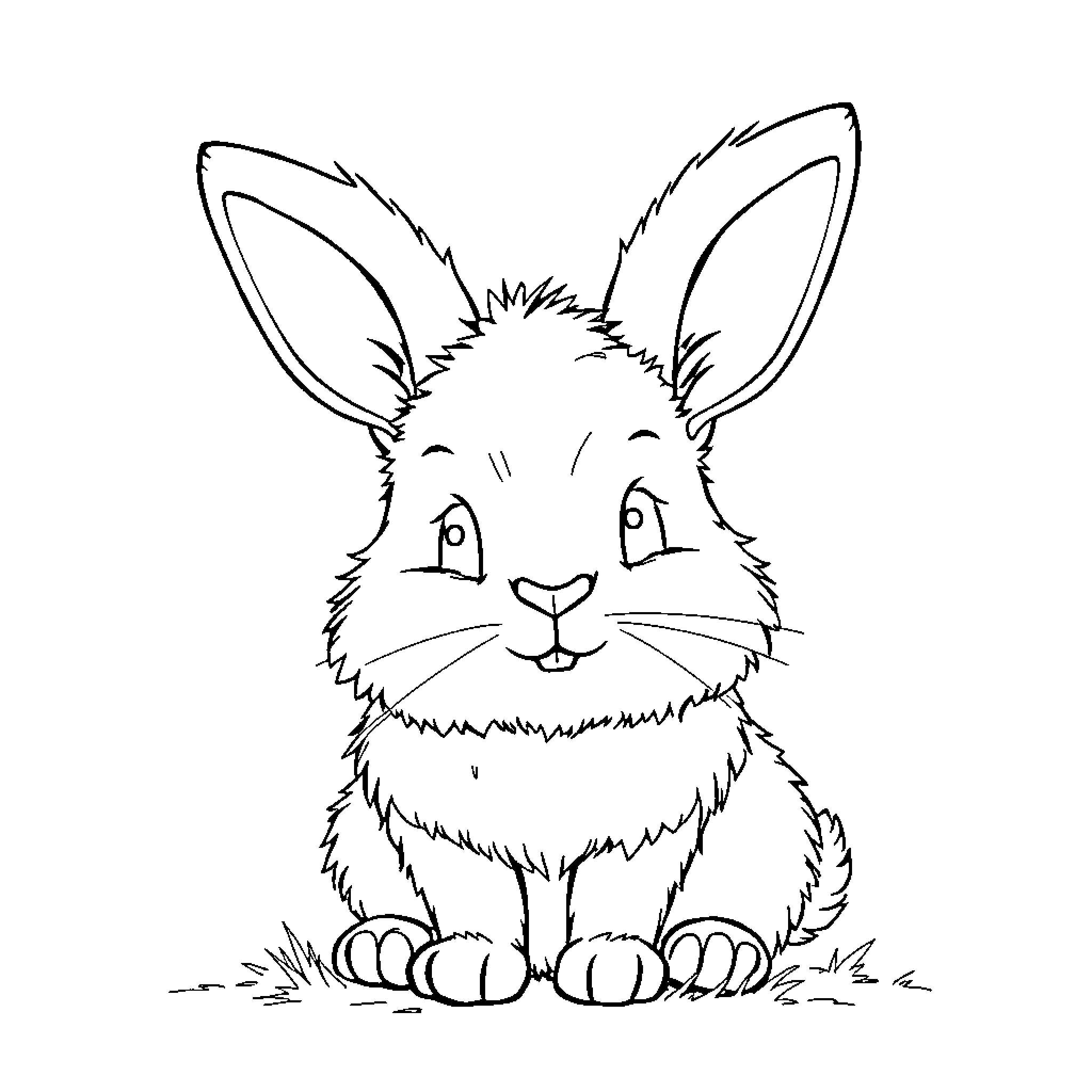 Bunny sitting adorably on the grass Coloring Page (free black-and-white line drawing printable PDF for all, from beginners to advanced learners, including children, teens, adults, and seniors)
