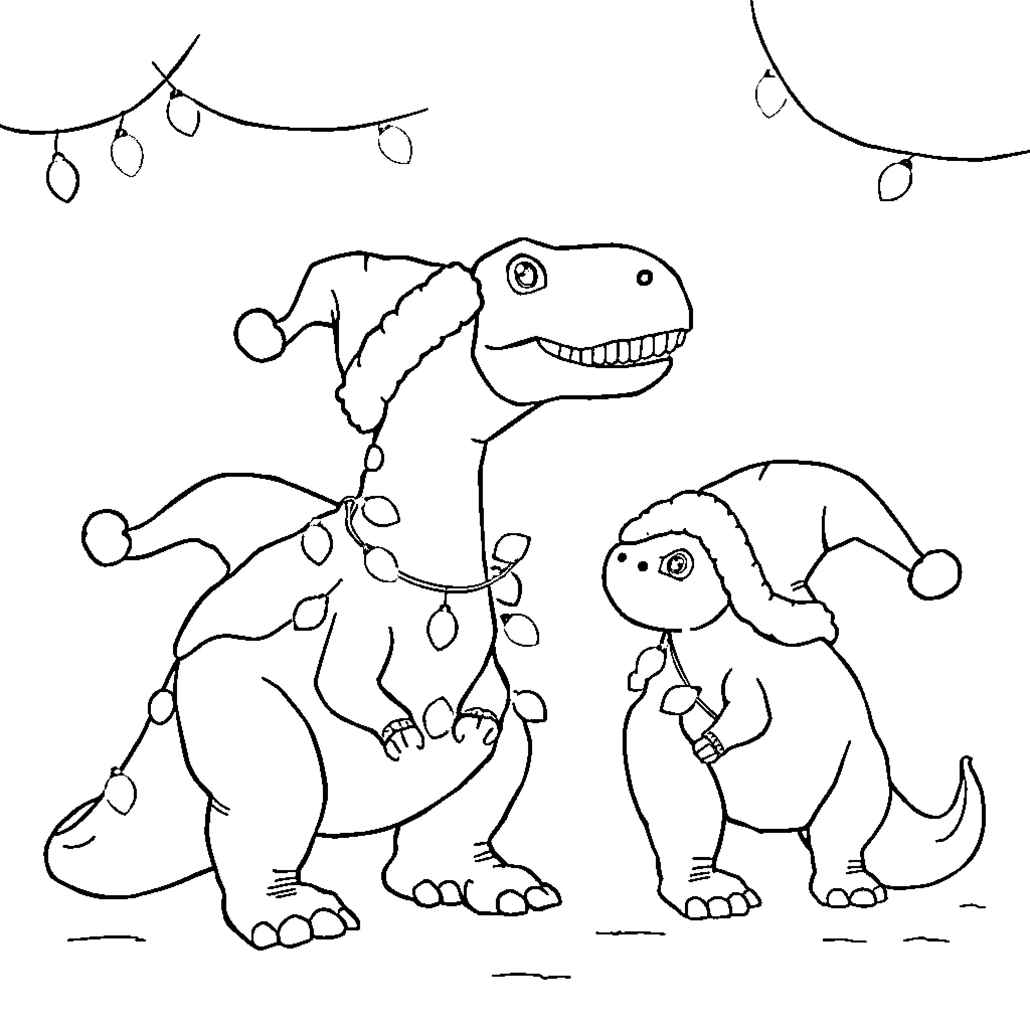 Dinosaurs Wearing Holiday Lights Coloring Page (free black-and-white line drawing printable PDF for all, from beginners to advanced learners, including children, teens, adults, and seniors)