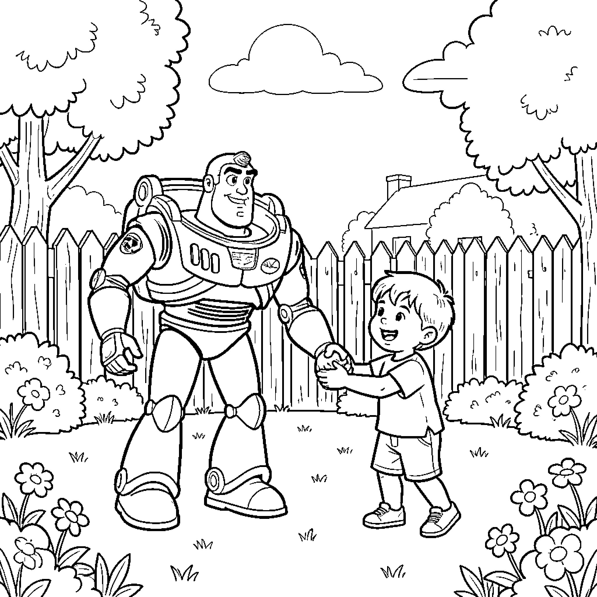 Buzz Lightyear holding hands with a young boy Coloring Page (free black-and-white line drawing printable PDF for all, from beginners to advanced learners, including children, teens, adults, and seniors)