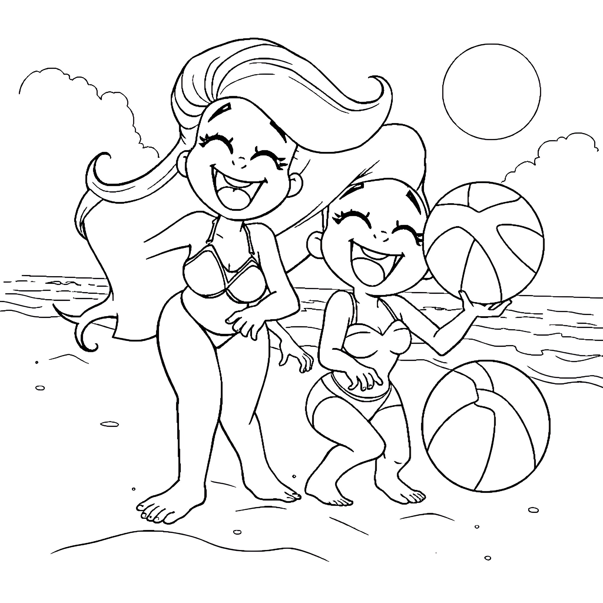 Misty summer beach fun with friends Coloring Page (free black-and-white line drawing printable PDF for all, from beginners to advanced learners, including children, teens, adults, and seniors)