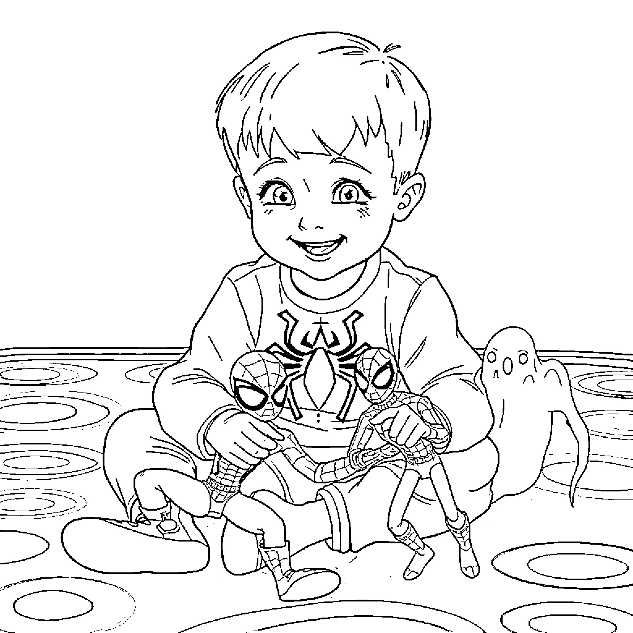 Boy playing joyfully with action figures Coloring Page (free black-and-white line drawing printable PDF for all, from beginners to advanced learners, including children, teens, adults, and seniors)