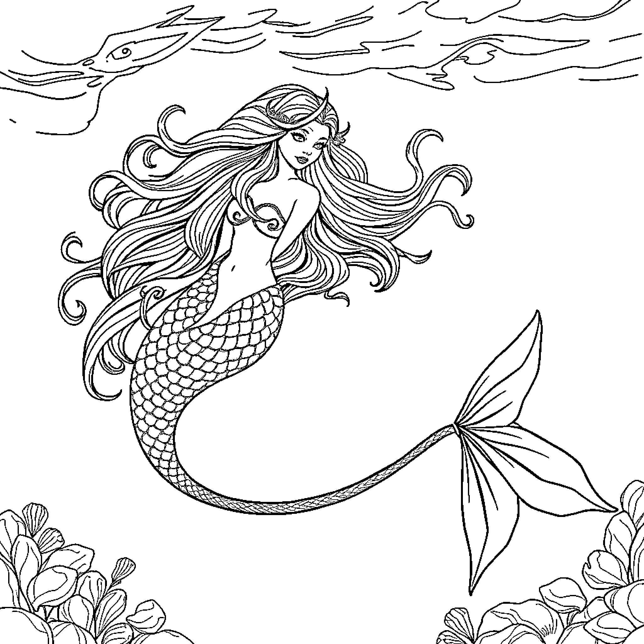 Mermaid swimming gracefully in the sea Coloring Page (free black-and-white line drawing printable PDF for all, from beginners to advanced learners, including children, teens, adults, and seniors)