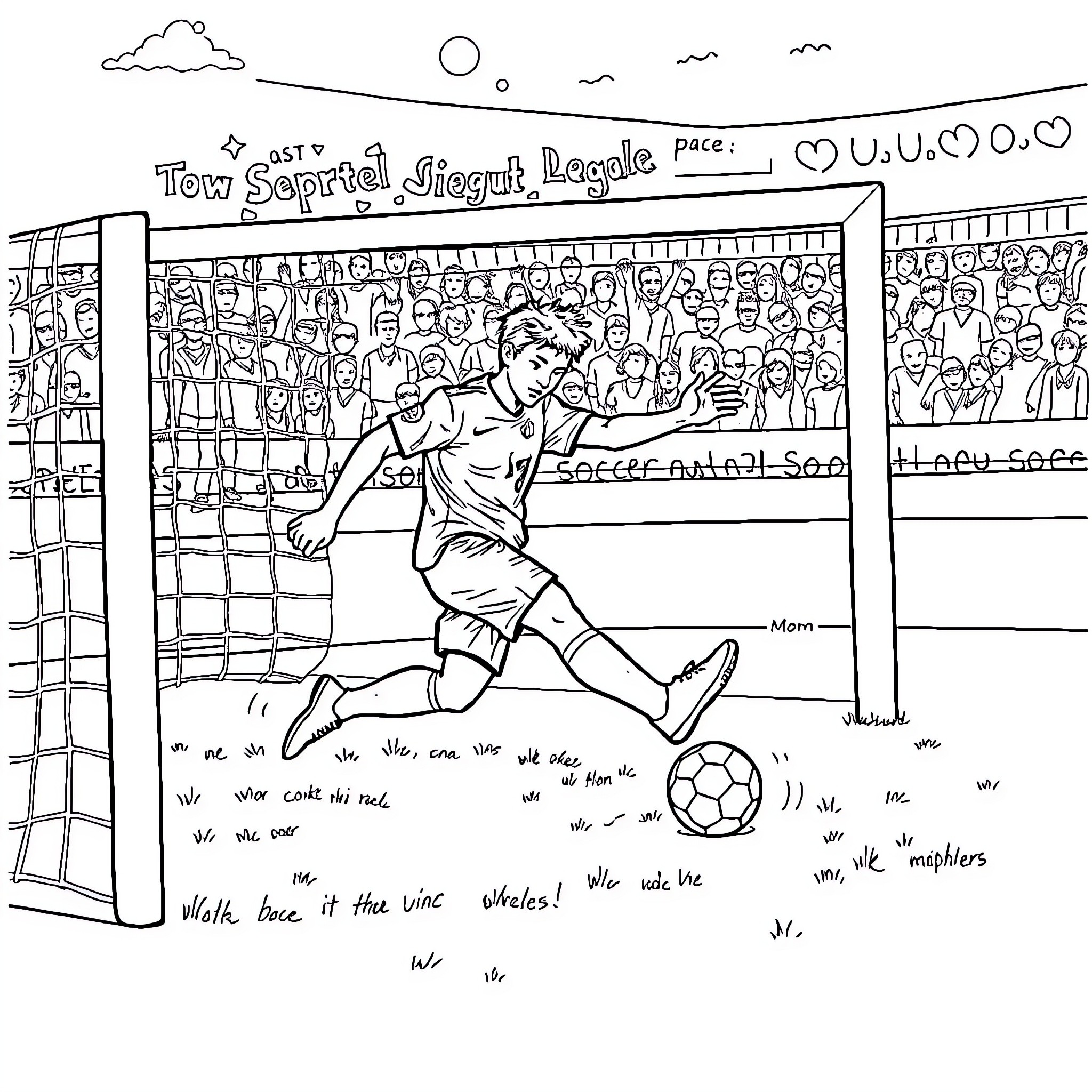 Soccer Player scoring goal with cheering crowd Coloring Page (free black-and-white line drawing printable PDF for all, from beginners to advanced learners, including children, teens, adults, and seniors)
