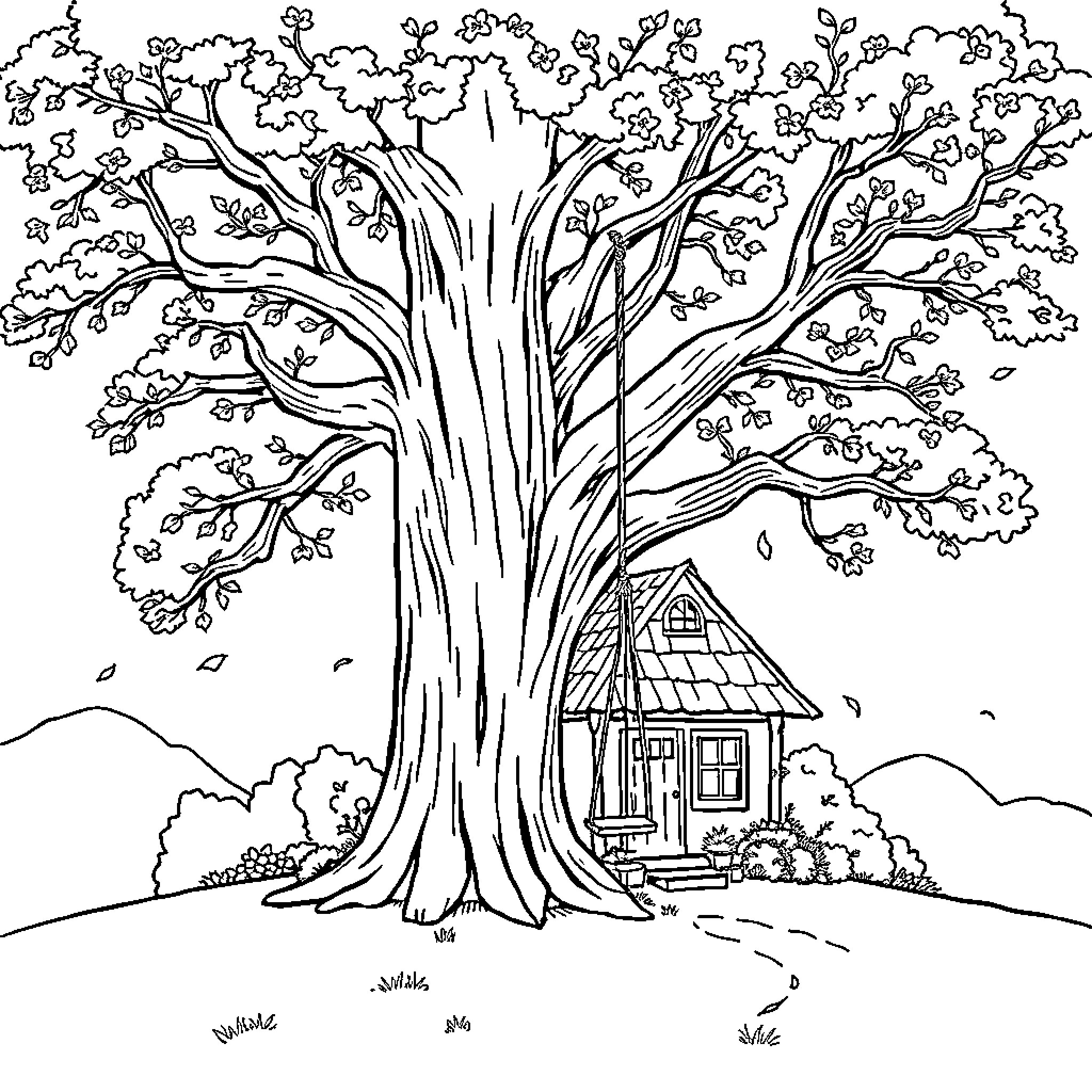 House under the Majestic Tree in Autumn Coloring Page (free black-and-white line drawing printable PDF for all, from beginners to advanced learners, including children, teens, adults, and seniors)