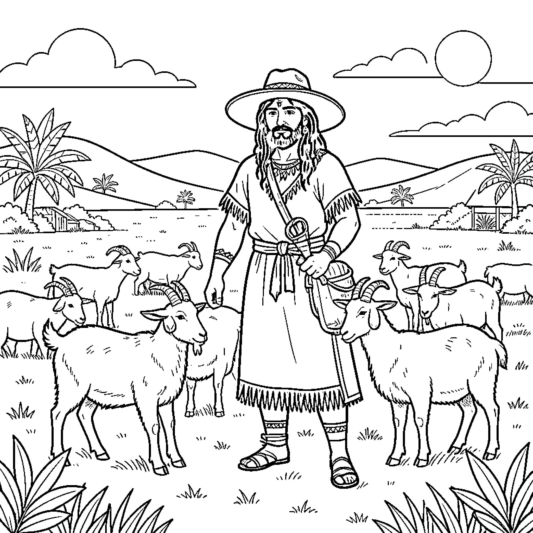 Guanche shepherd tending to his flock in the countryside Coloring Page (free black-and-white line drawing printable PDF for all, from beginners to advanced learners, including children, teens, adults, and seniors)
