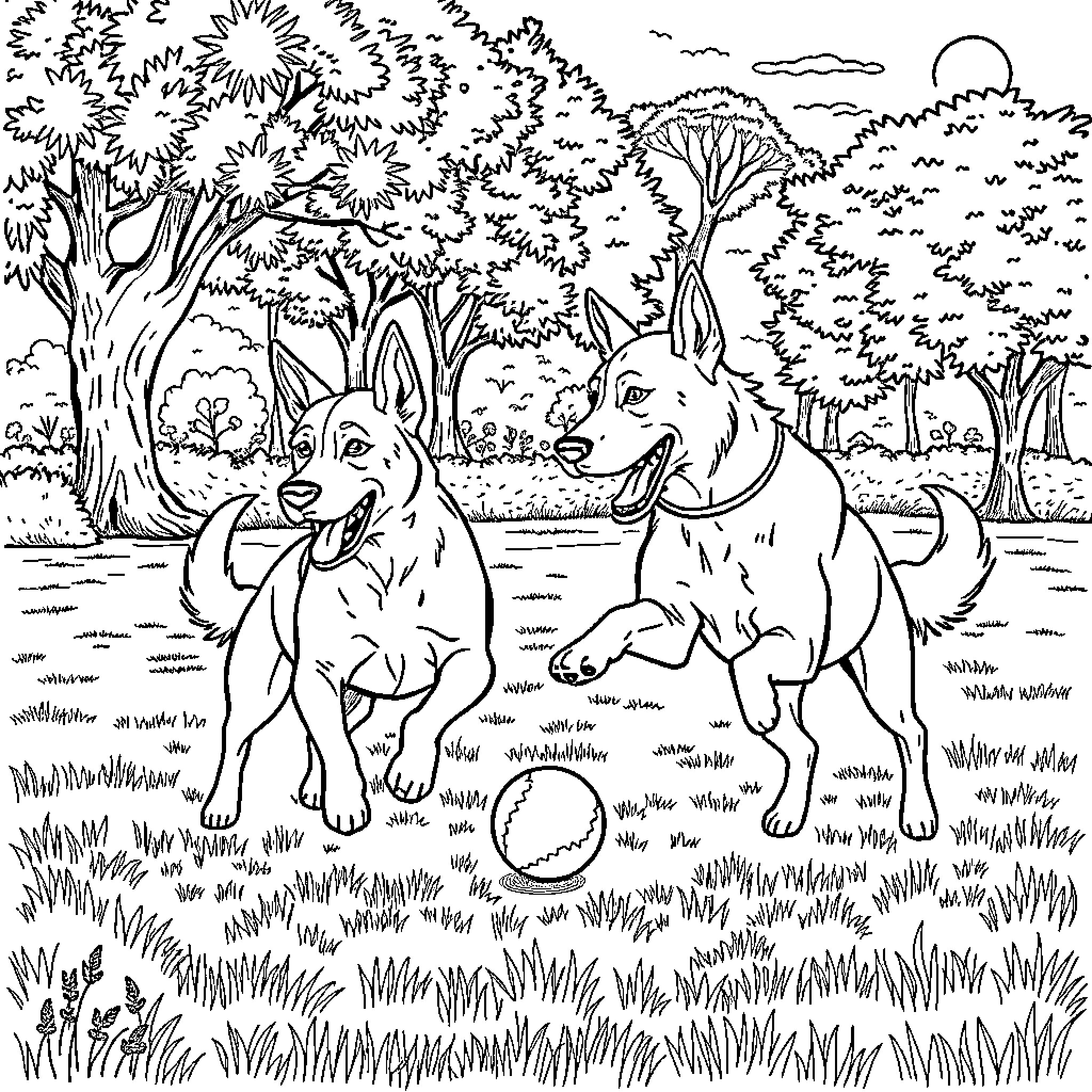 Dogs playing joyfully in a forest landscape Coloring Page (free black-and-white line drawing printable PDF for all, from beginners to advanced learners, including children, teens, adults, and seniors)