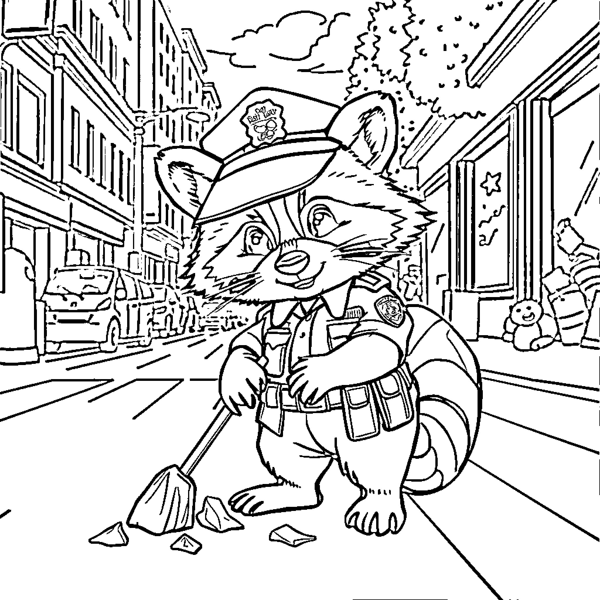 Raccoon Policeman Cleaning Up the City Coloring Page (free black-and-white line drawing printable PDF for all, from beginners to advanced learners, including children, teens, adults, and seniors)