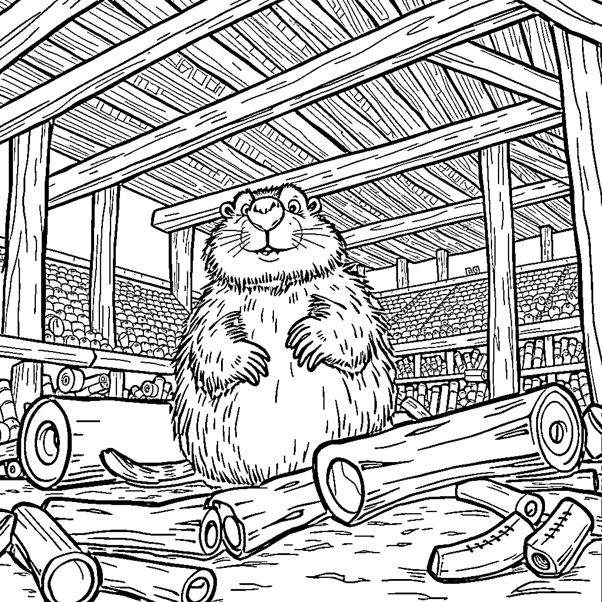 Beaver working hard in the timber yard Coloring Page (free black-and-white line drawing printable PDF for all, from beginners to advanced learners, including children, teens, adults, and seniors)