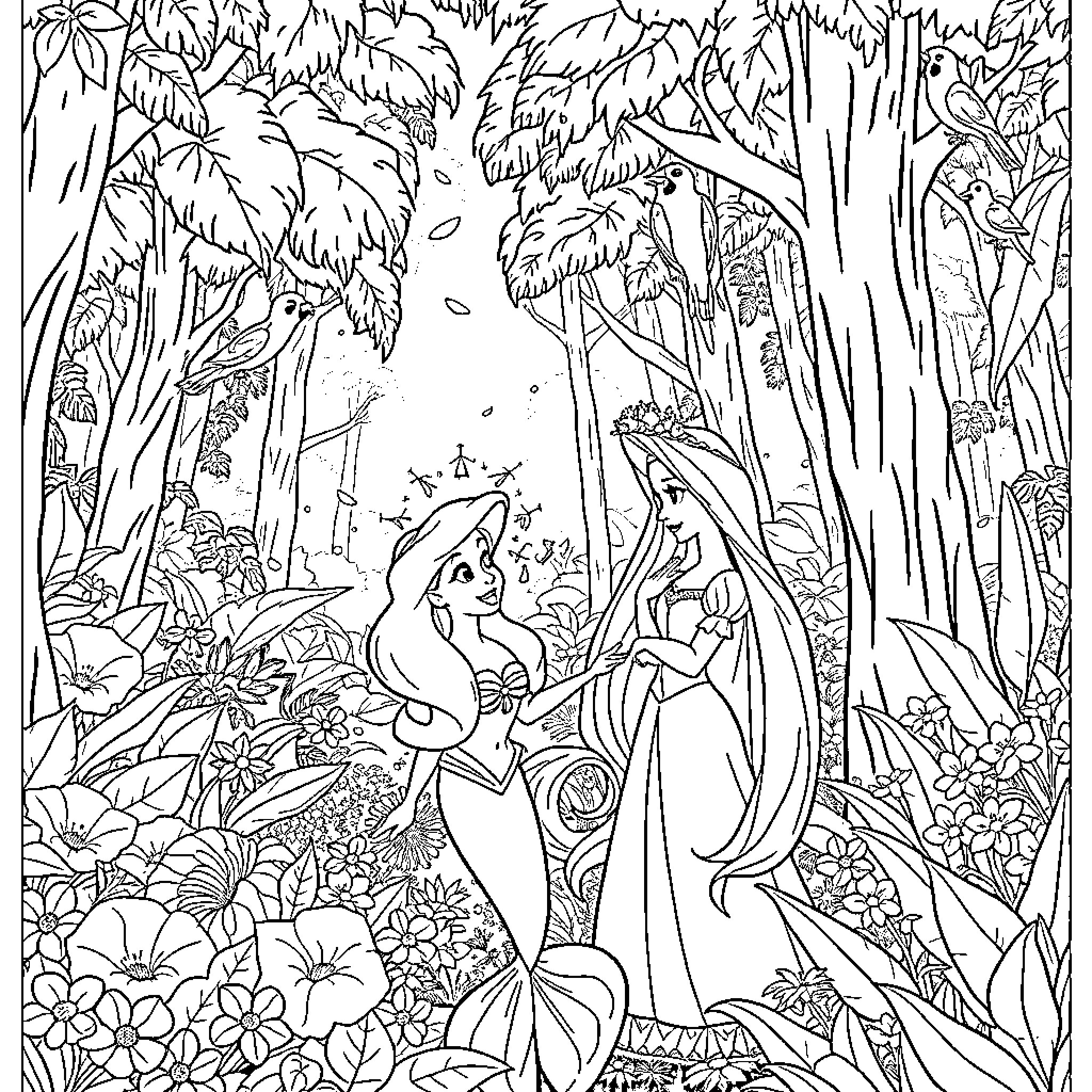 Ariel exploring the enchanted underwater forest Coloring Page (free black-and-white line drawing printable PDF for all, from beginners to advanced learners, including children, teens, adults, and seniors)