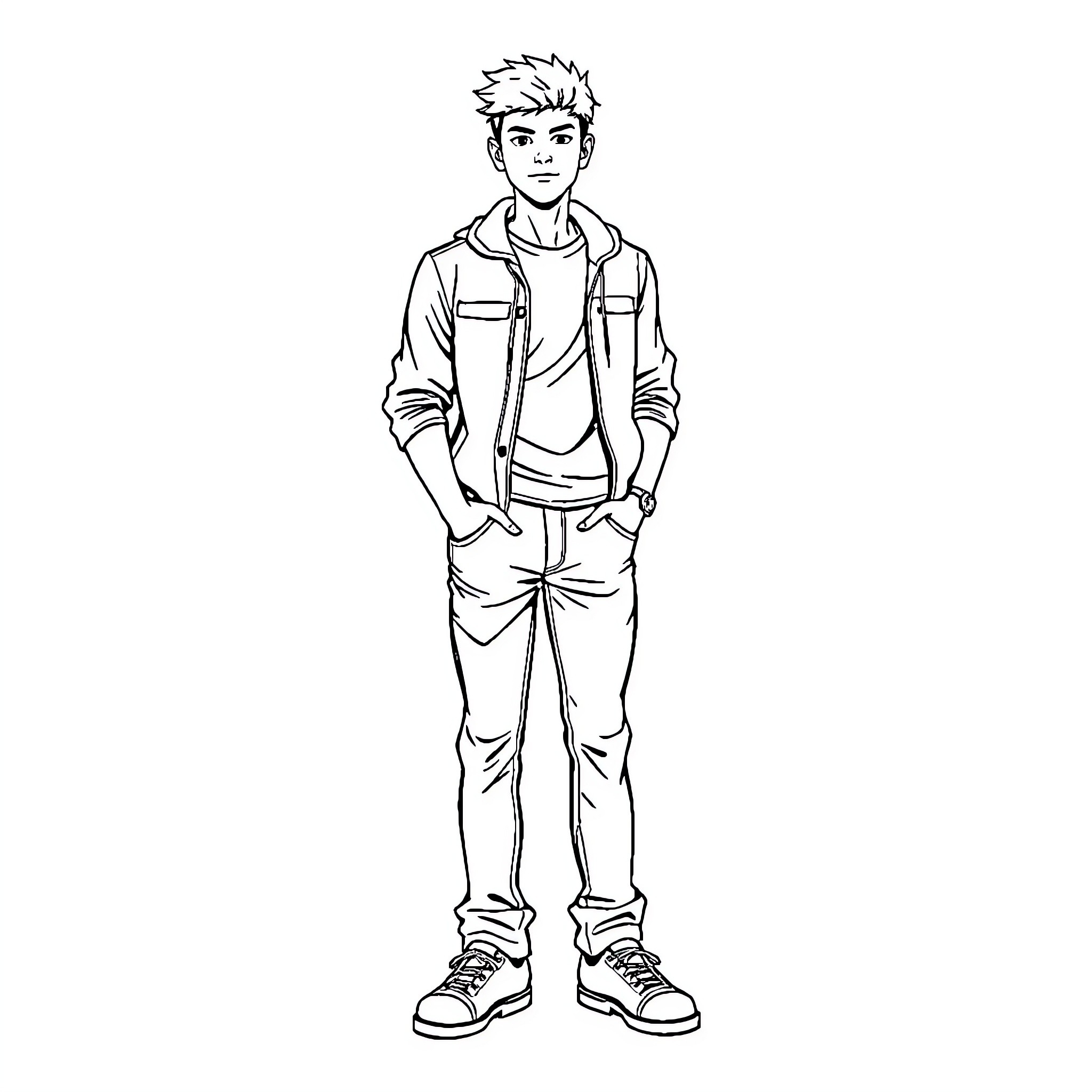 Man in casual outfit with hands in pockets Coloring Page (free black-and-white line drawing printable PDF for all, from beginners to advanced learners, including children, teens, adults, and seniors)