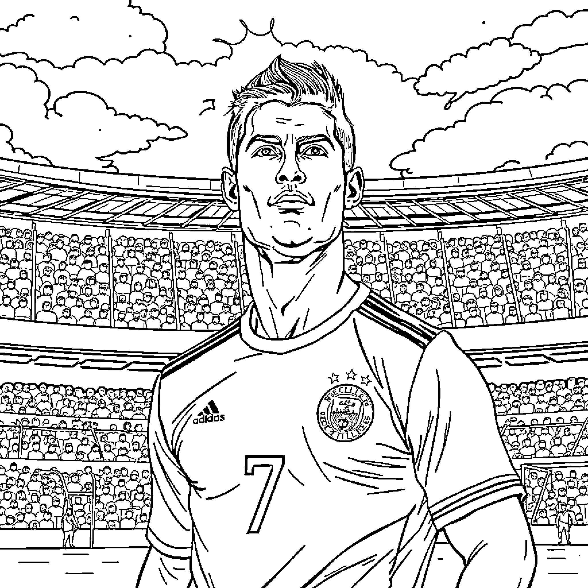 Ronaldo the Soccer Star in the Stadium Coloring Page (free black-and-white line drawing printable PDF for all, from beginners to advanced learners, including children, teens, adults, and seniors)
