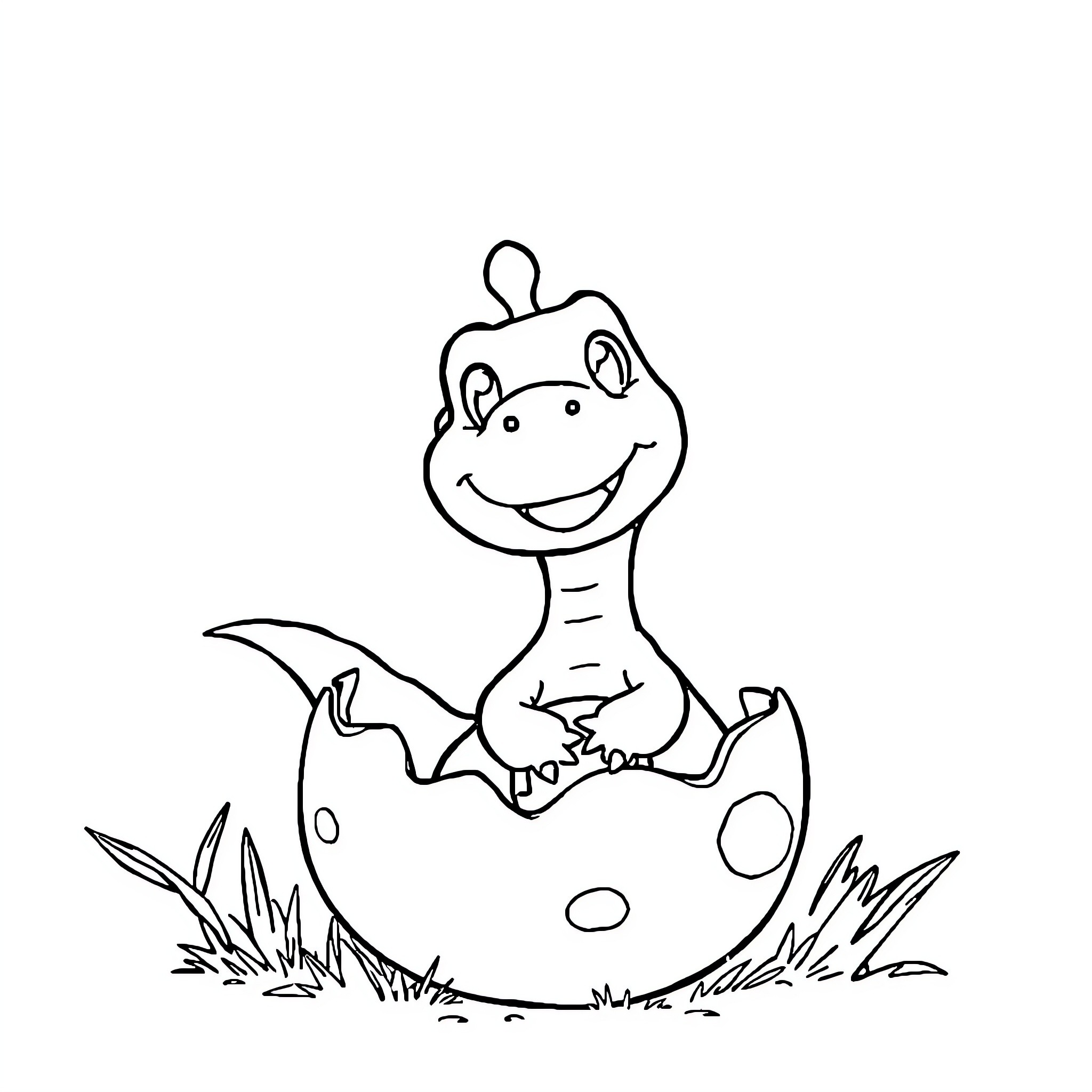 Dinosaur hatching from egg and smiling Coloring Page (free black-and-white line drawing printable PDF for all, from beginners to advanced learners, including children, teens, adults, and seniors)