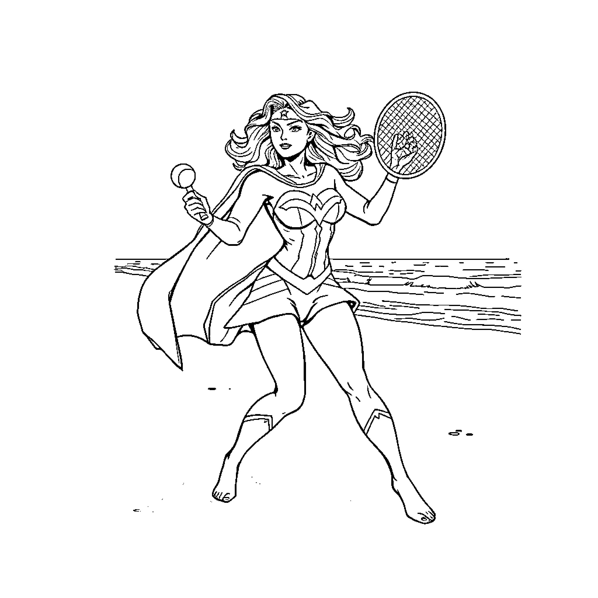 Superwoman playing tennis on the beach Coloring Page (free black-and-white line drawing printable PDF for all, from beginners to advanced learners, including children, teens, adults, and seniors)