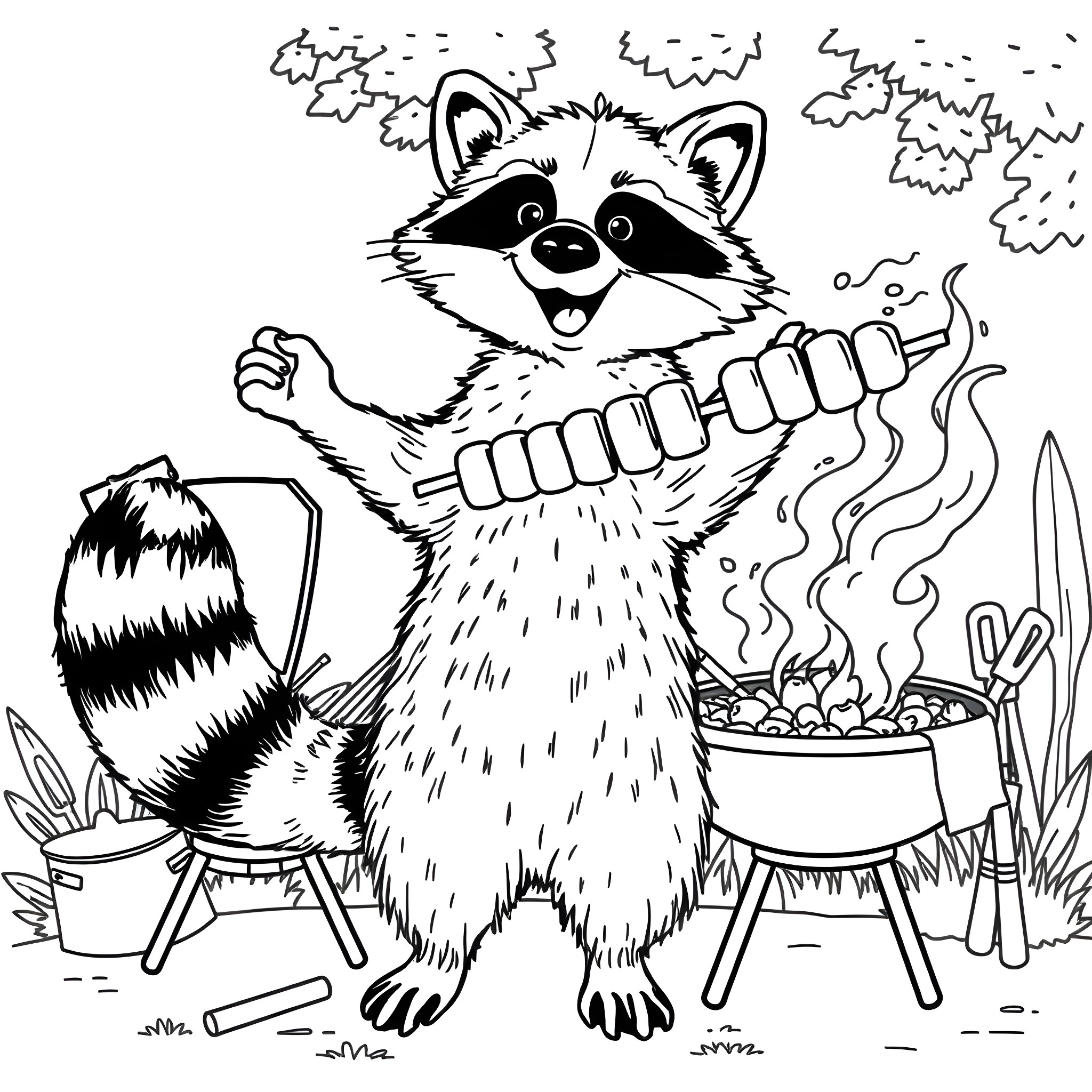 Raccoon grilling outdoors and enjoying the party Coloring Page (free black-and-white line drawing printable PDF for all, from beginners to advanced learners, including children, teens, adults, and seniors)