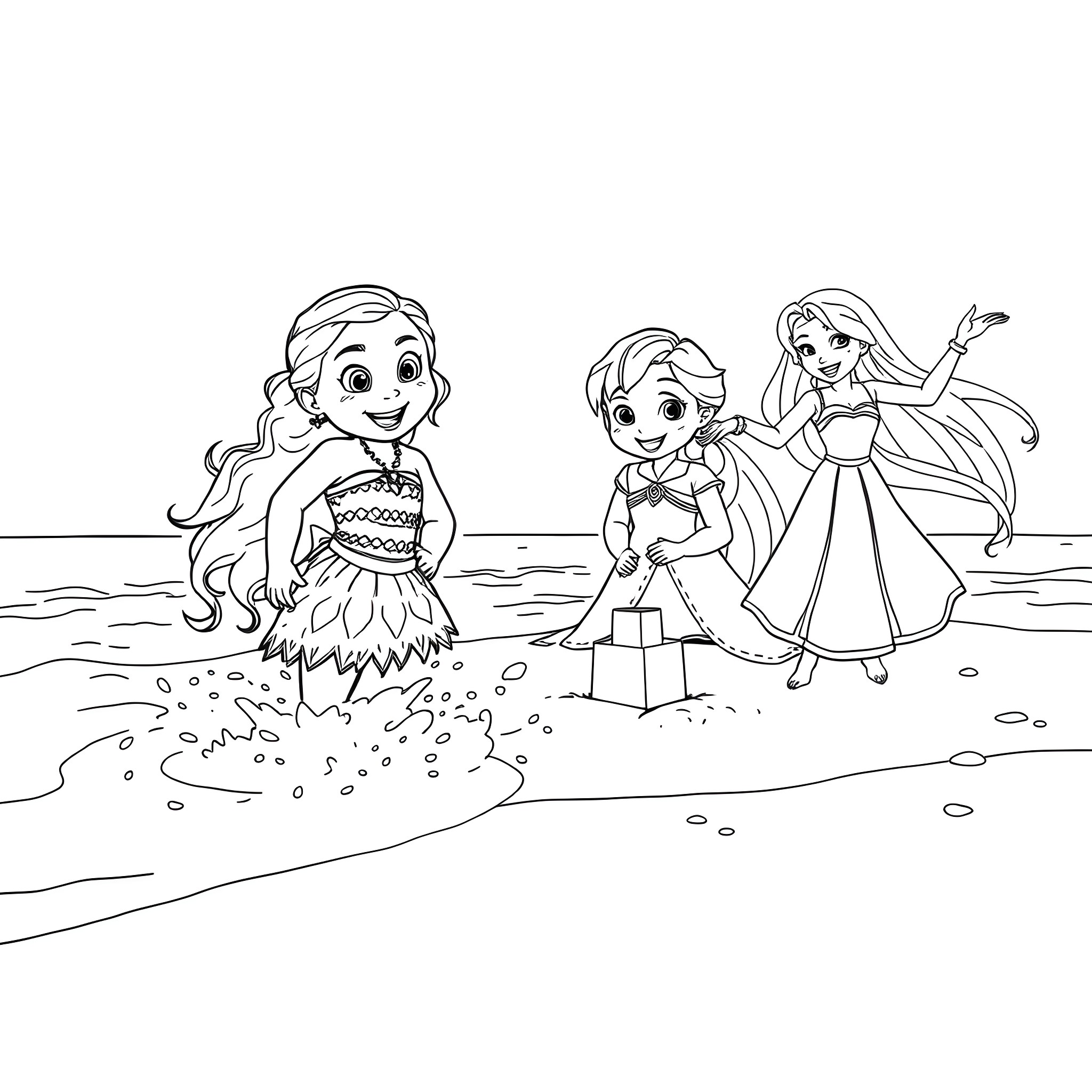 Baby Disney Princesses Playing on the Beach Coloring Page (free black-and-white line drawing printable PDF for all, from beginners to advanced learners, including children, teens, adults, and seniors)