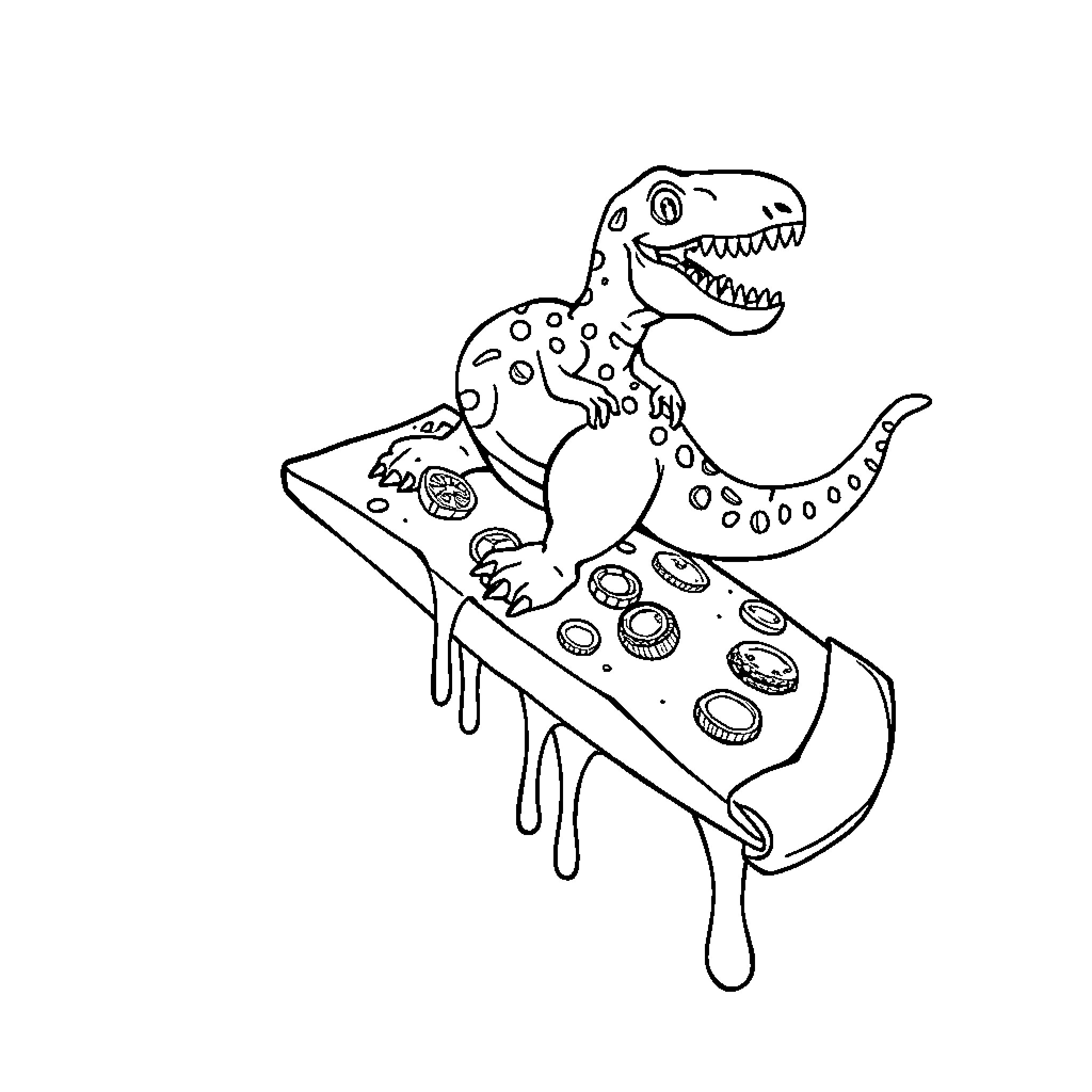 Dino enjoying a colorful pizza snack Coloring Page (free black-and-white line drawing printable PDF for all, from beginners to advanced learners, including children, teens, adults, and seniors)