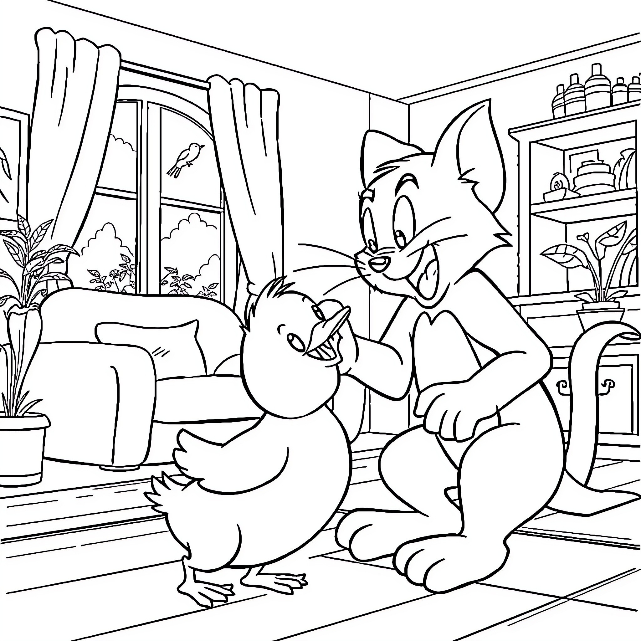 Tom and Jerry in a Playful Indoor Adventure Coloring Page (free black-and-white line drawing printable PDF for all, from beginners to advanced learners, including children, teens, adults, and seniors)