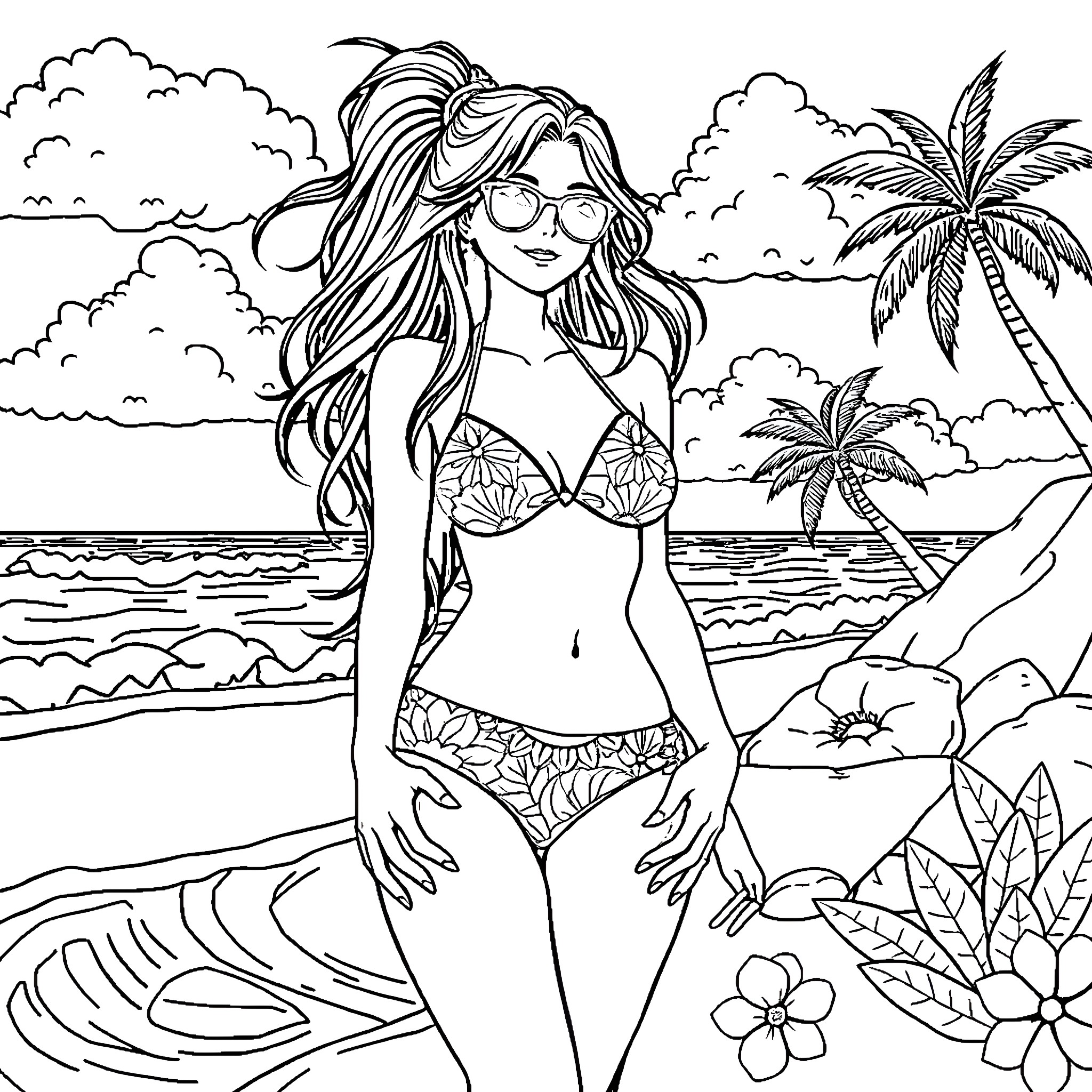Anime Woman in Tropical Beach Setting Coloring Page (free black-and-white line drawing printable PDF for all, from beginners to advanced learners, including children, teens, adults, and seniors)
