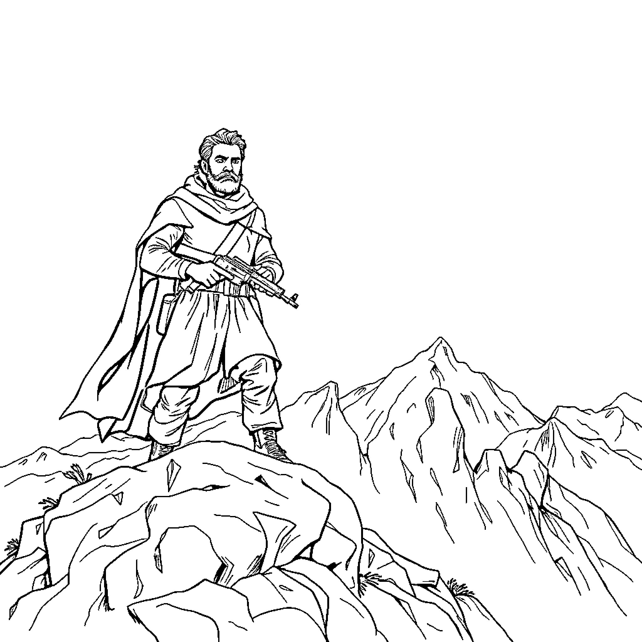 Fighter standing resolute on rugged mountain peak Coloring Page (free black-and-white line drawing printable PDF for all, from beginners to advanced learners, including children, teens, adults, and seniors)
