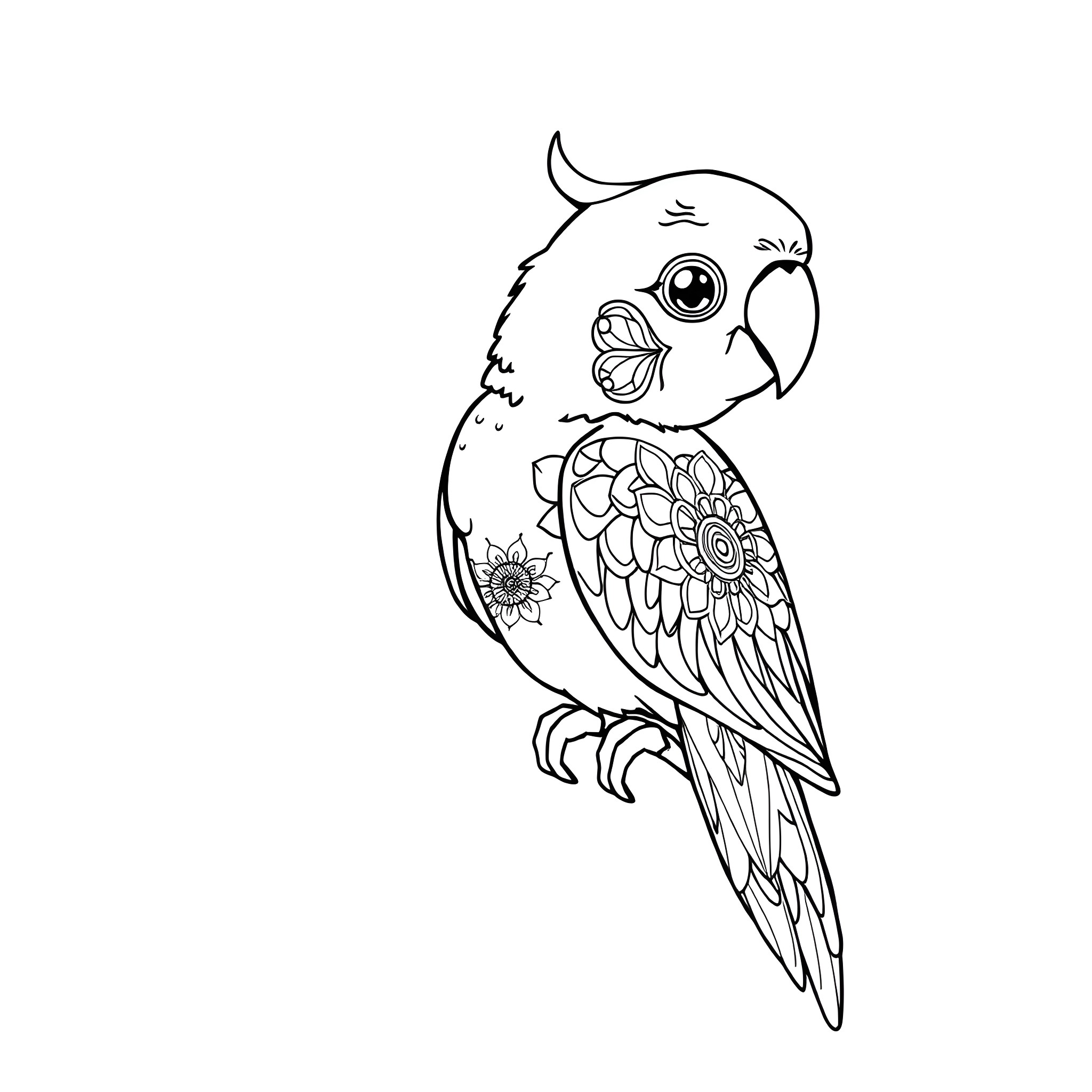 Parrot with intricate floral designs Coloring Page (free black-and-white line drawing printable PDF for all, from beginners to advanced learners, including children, teens, adults, and seniors)