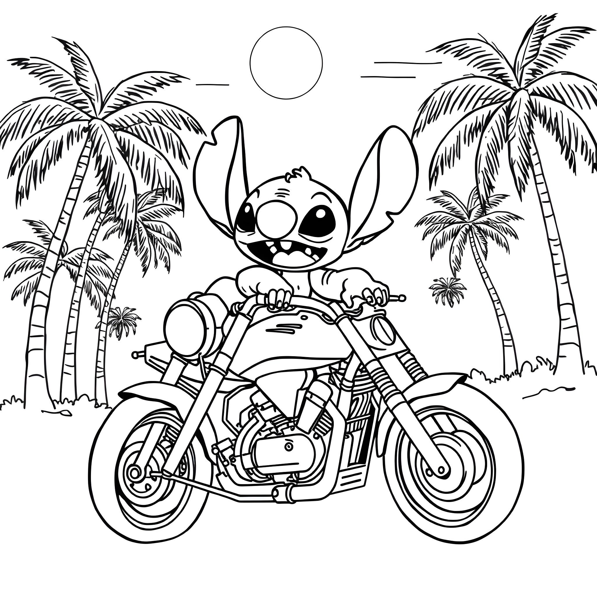 Stitch riding a motorcycle on a tropical beach Coloring Page (free black-and-white line drawing printable PDF for all, from beginners to advanced learners, including children, teens, adults, and seniors)