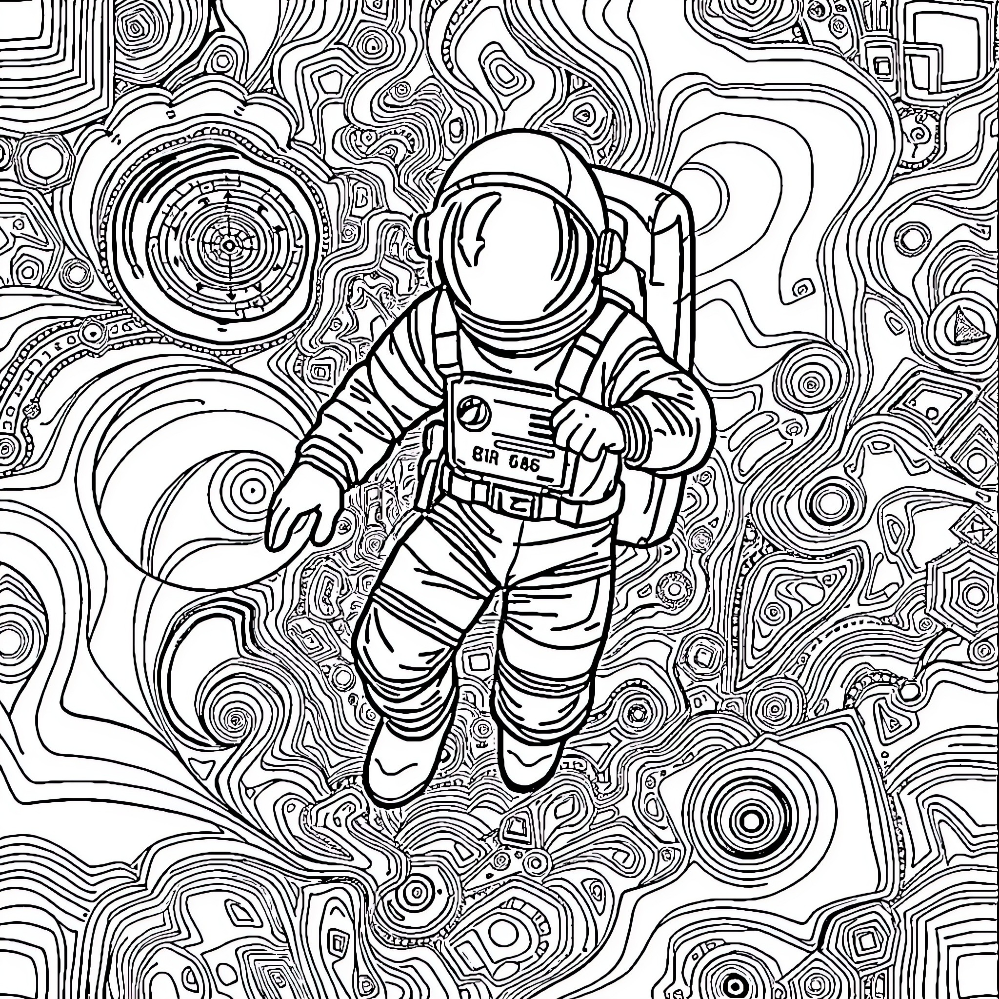 Astronaut exploring abstract space Coloring Page (free black-and-white line drawing printable PDF for all, from beginners to advanced learners, including children, teens, adults, and seniors)
