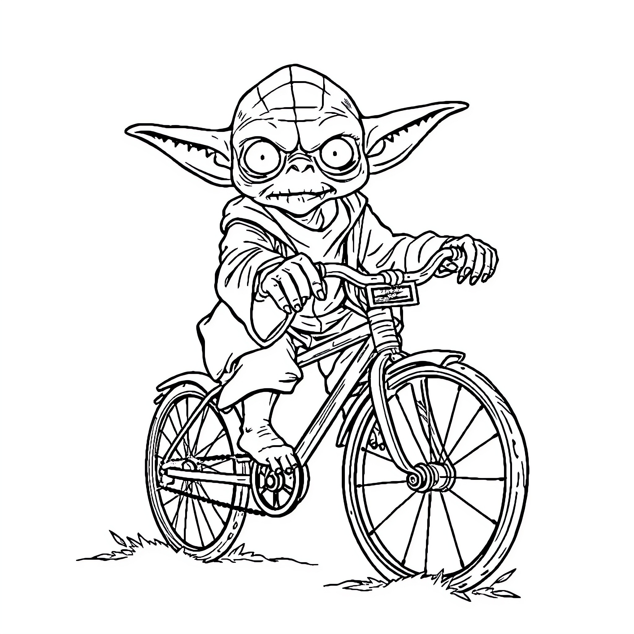 Zombie Yoda riding a bicycle Coloring Page (free black-and-white line drawing printable PDF for all, from beginners to advanced learners, including children, teens, adults, and seniors)