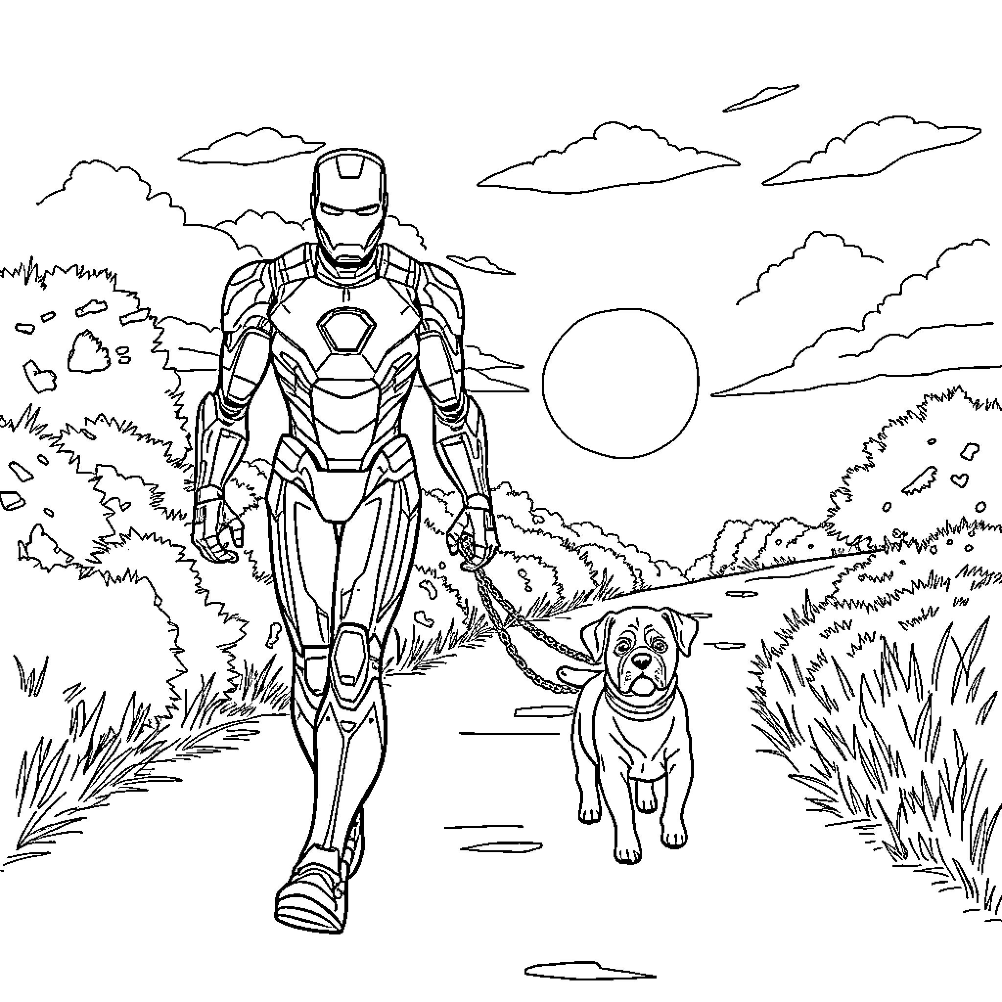 Ironman walking with a dog in the countryside Coloring Page (free black-and-white line drawing printable PDF for all, from beginners to advanced learners, including children, teens, adults, and seniors)
