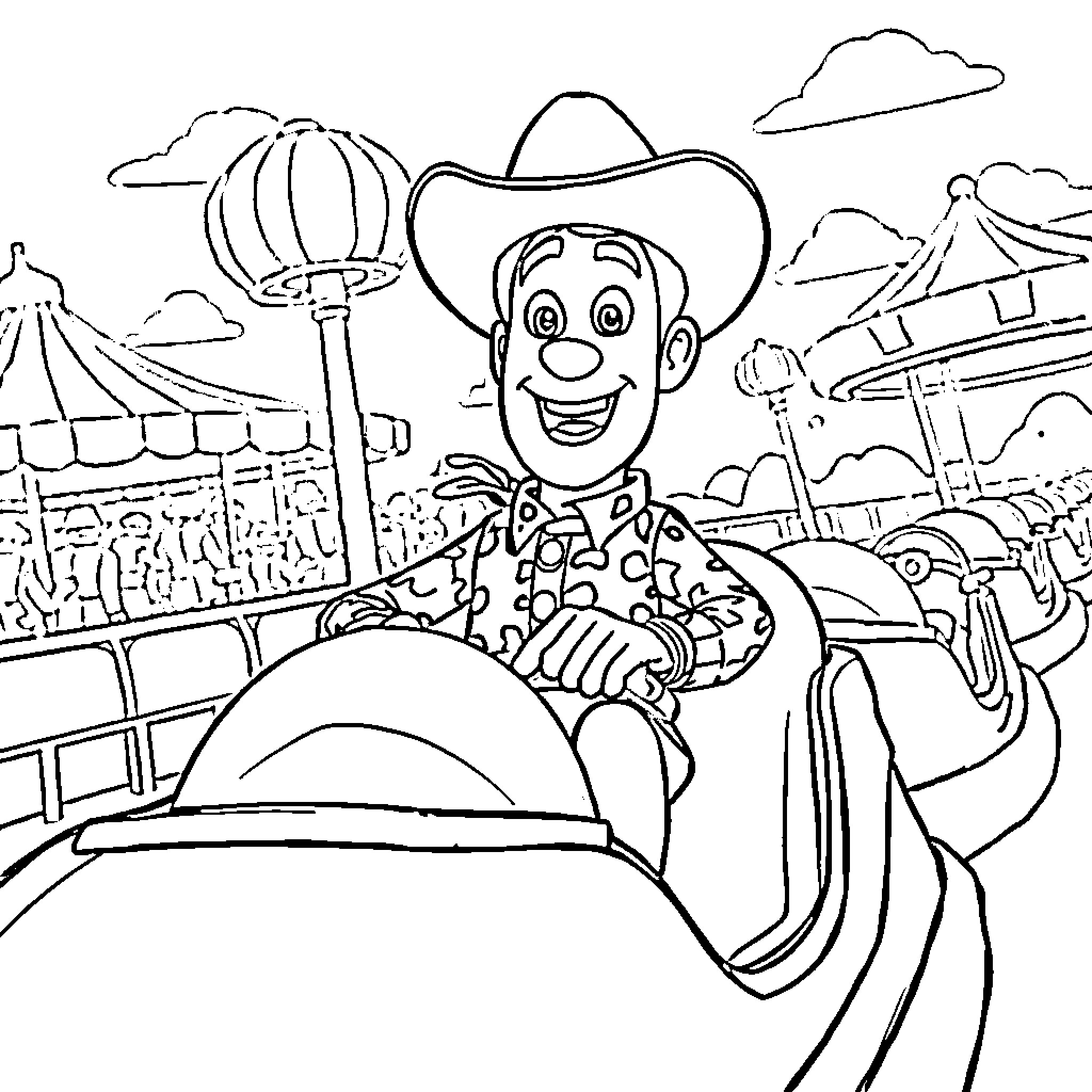 Woody's Cheerful Adventure at the Carnival Coloring Page (free black-and-white line drawing printable PDF for all, from beginners to advanced learners, including children, teens, adults, and seniors)