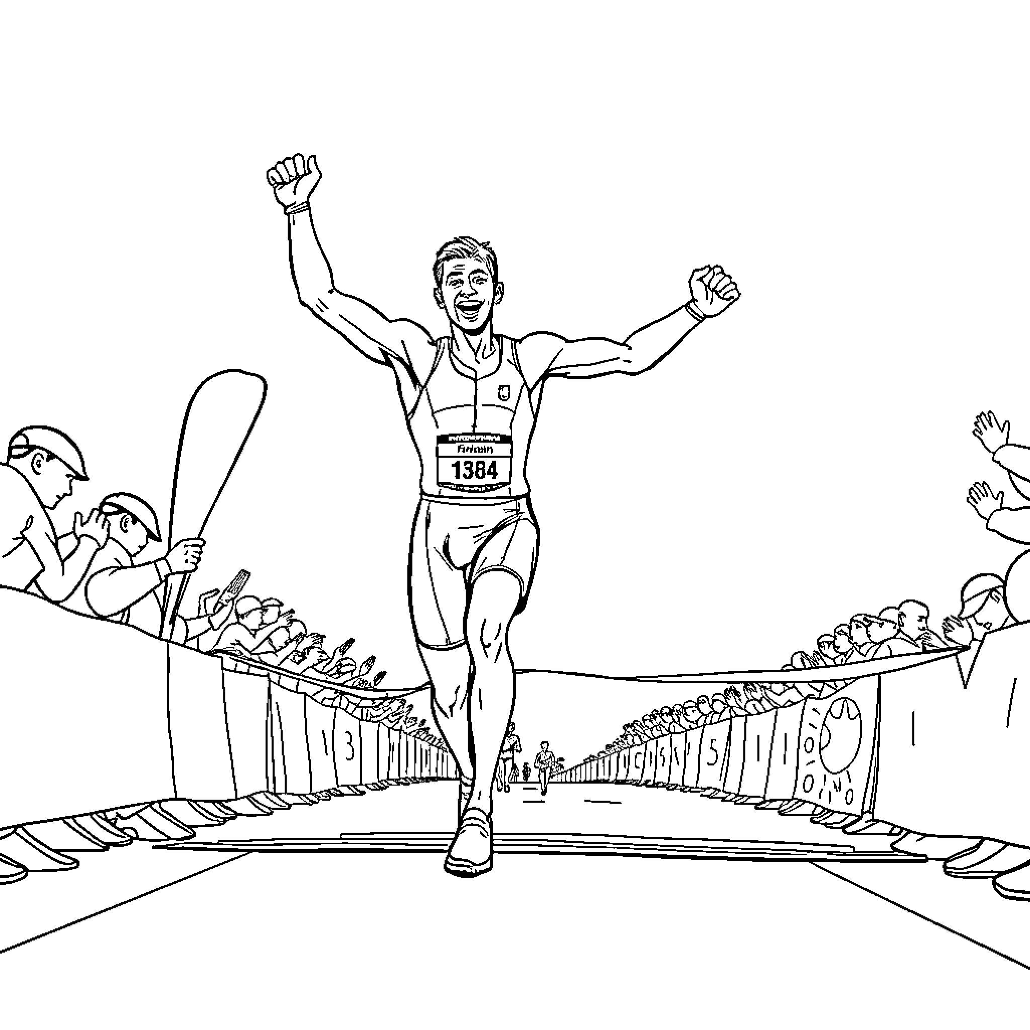Ironman finishes marathon race with arms raised Coloring Page (free black-and-white line drawing printable PDF for all, from beginners to advanced learners, including children, teens, adults, and seniors)