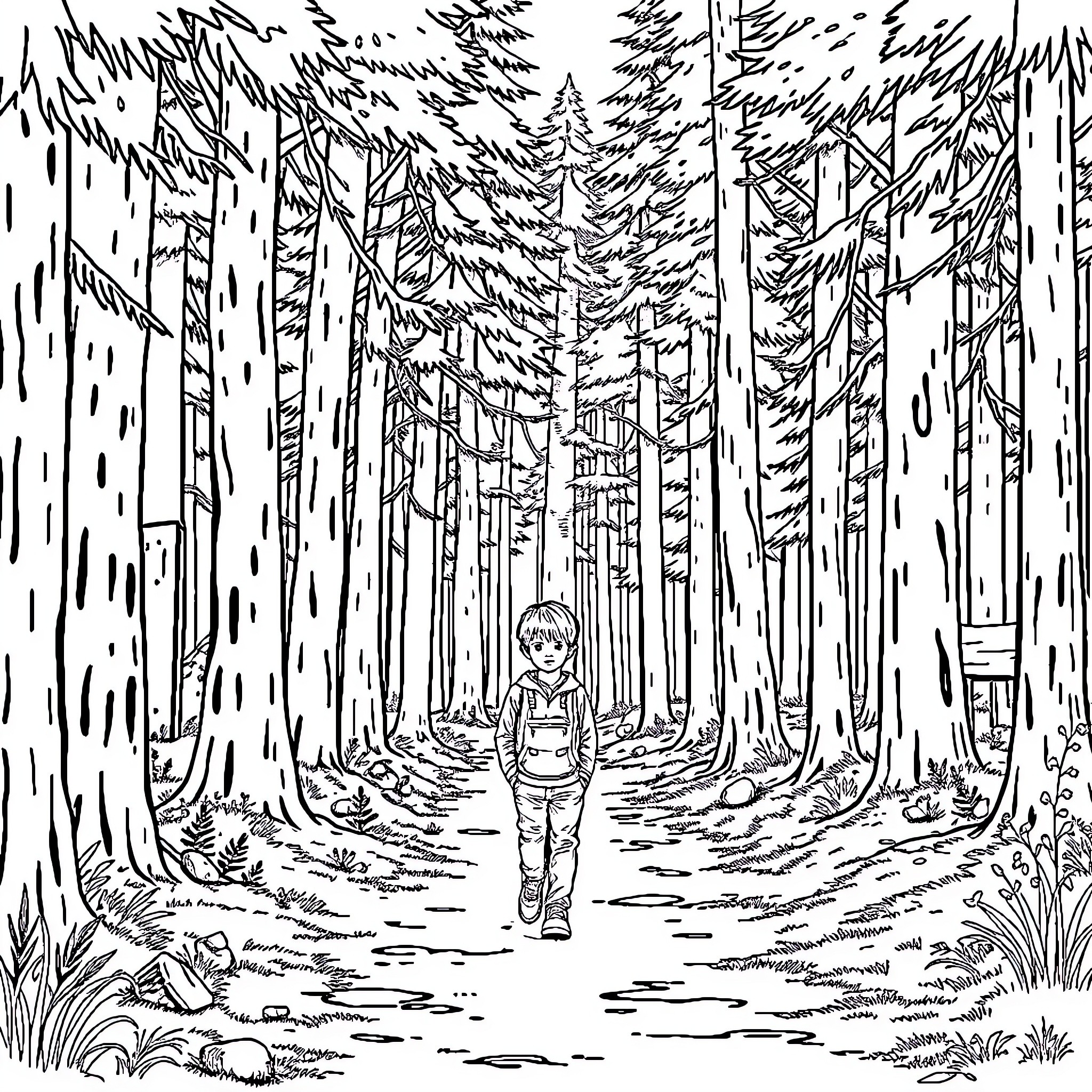 Boy exploring the dense forest Coloring Page (free black-and-white line drawing printable PDF for all, from beginners to advanced learners, including children, teens, adults, and seniors)