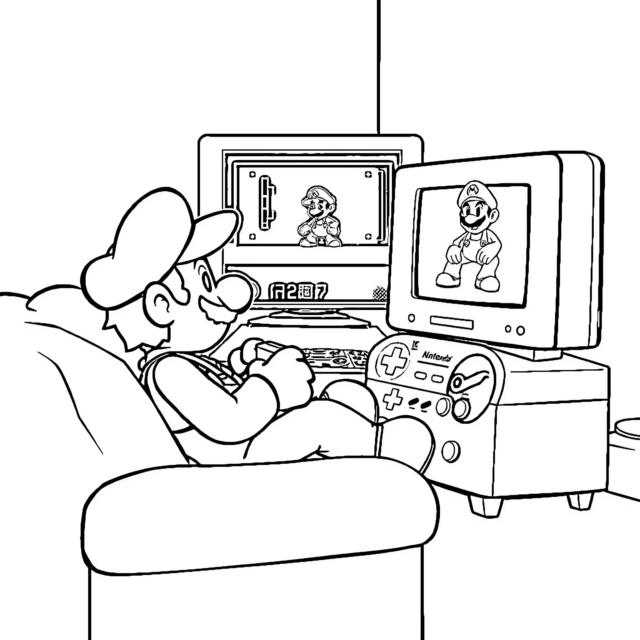 Mario Relaxing and Playing Video Games Coloring Page (free black-and-white line drawing printable PDF for all, from beginners to advanced learners, including children, teens, adults, and seniors)