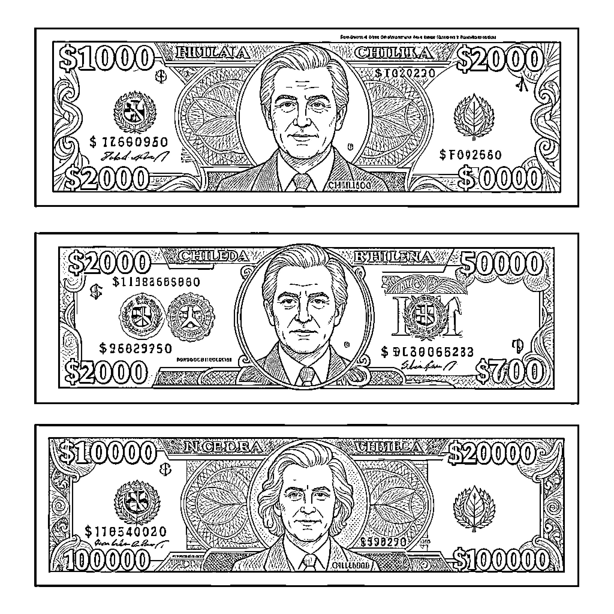 Billete featuring different currency denominations and portraits Coloring Page (free black-and-white line drawing printable PDF for all, from beginners to advanced learners, including children, teens, adults, and seniors)