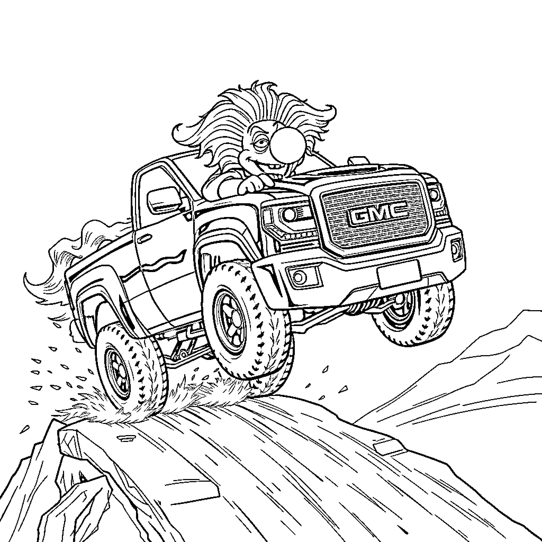 Clown driving a rugged off-road truck on a rocky terrain Coloring Page (free black-and-white line drawing printable PDF for all, from beginners to advanced learners, including children, teens, adults, and seniors)