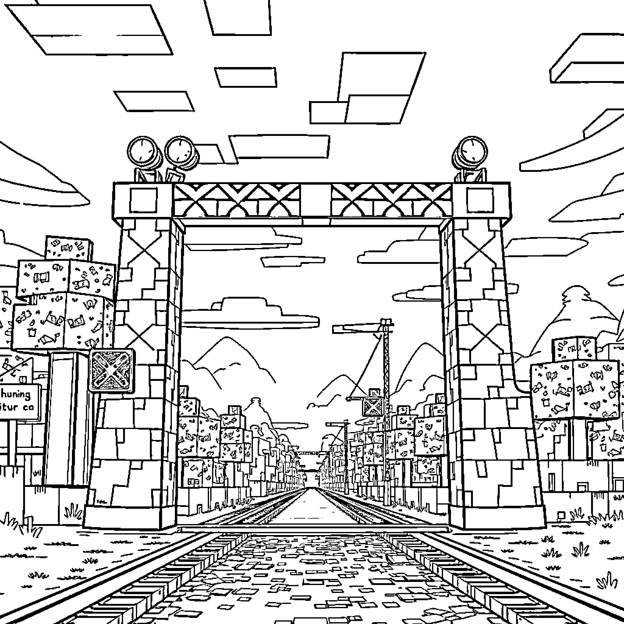 Train passing through an urban railway crossing Coloring Page (free black-and-white line drawing printable PDF for all, from beginners to advanced learners, including children, teens, adults, and seniors)